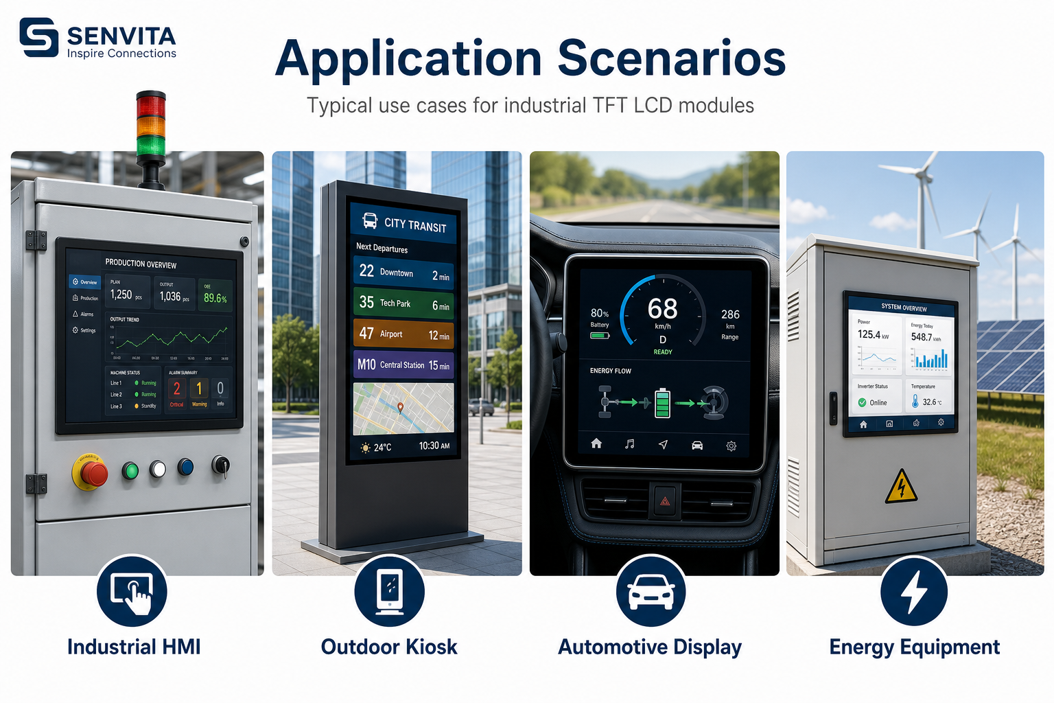 Application scenarios for industrial TFT LCD modules: Industrial HMI, Outdoor Kiosk, Automotive Display, and Energy Equipment