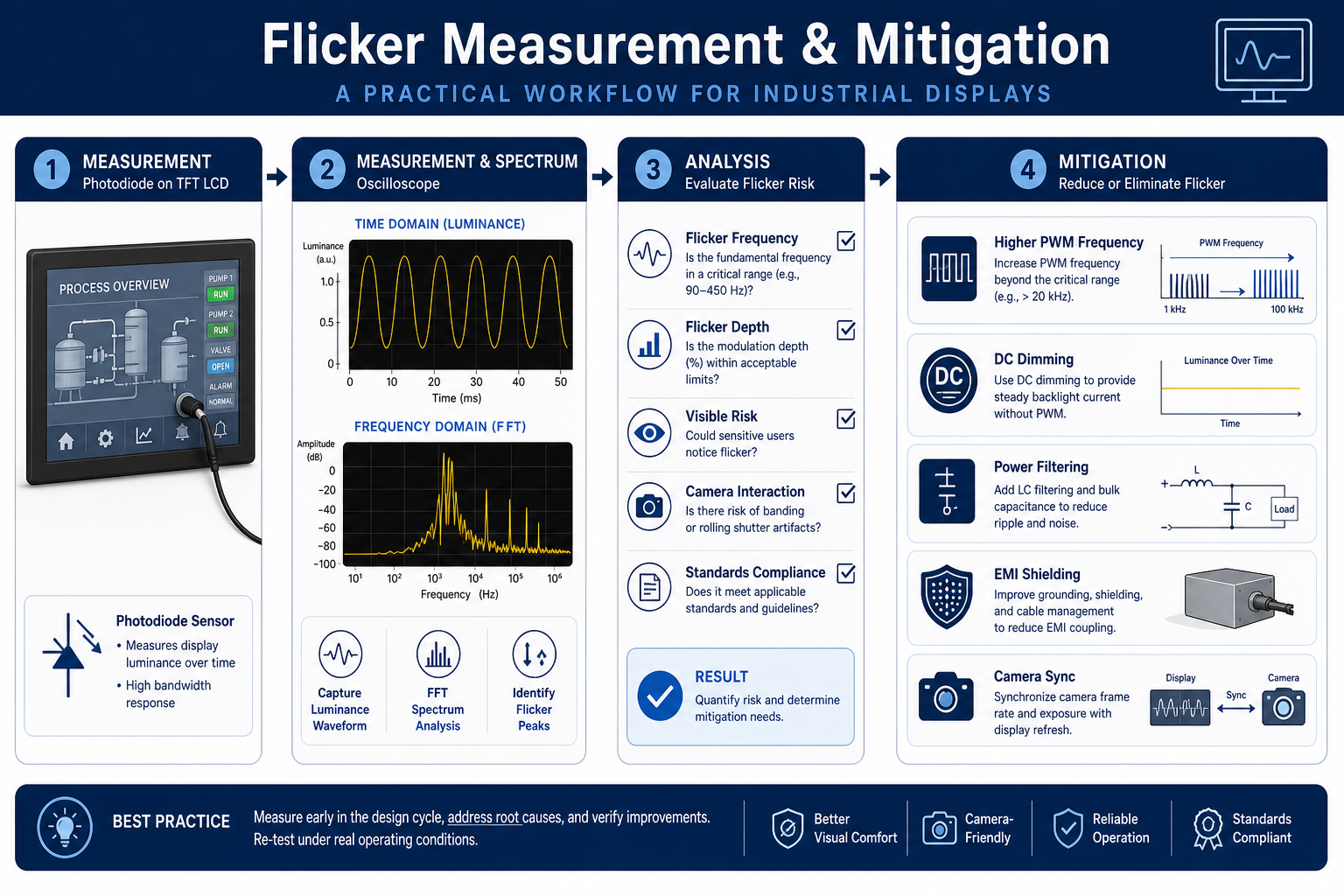 Measurement and mitigation methods for industrial display flicker