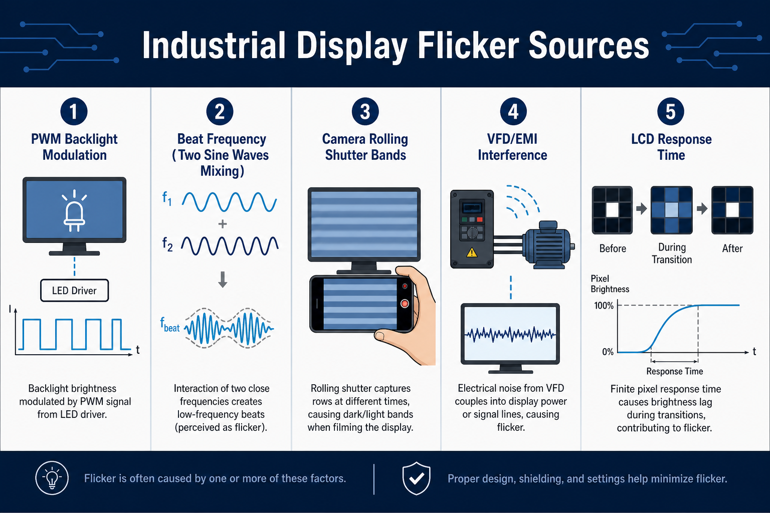 Infographic of flicker types and sources in industrial display systems
