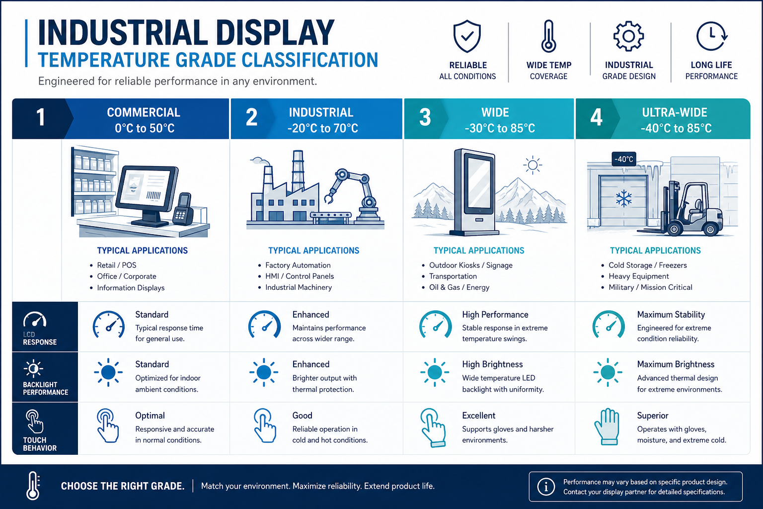 Comparison of commercial, industrial, wide temperature, and ultra-wide temperature operating ranges for industrial TFT LCD and HMI display systems