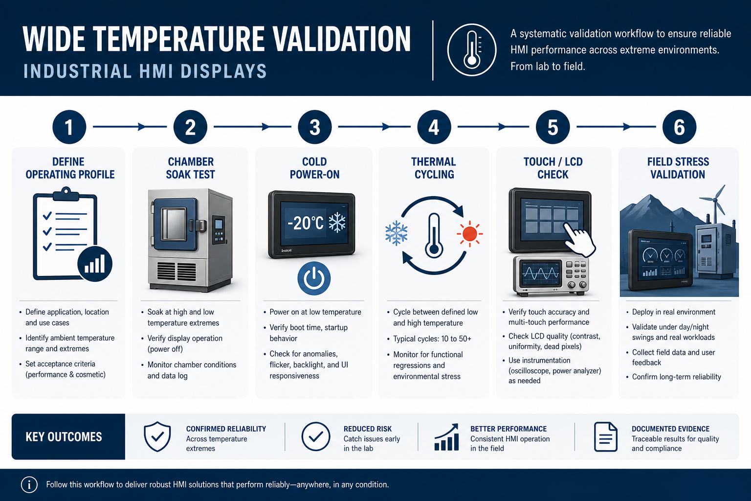 Validation flow for wide temperature industrial TFT LCD and HMI display systems including cold startup, soak testing, thermal cycling, and condensation risk review