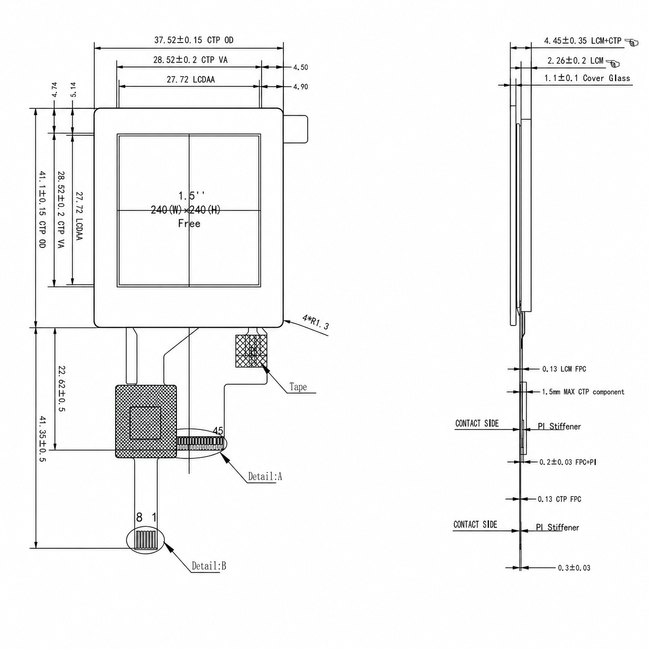 STK015QVFMN002-C001B 1.5 дюйм 240x240 ST7789V MCU/SPI/RGB интерфейс TFT LCD capacitive touch display