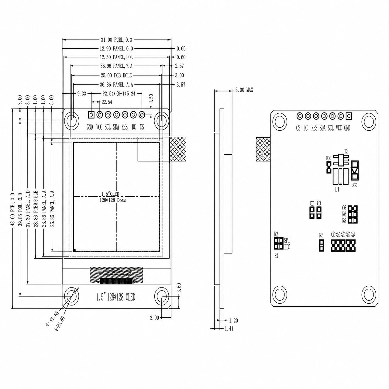 STK015SQOSN013 1.5 дюйм 128x128 разрешение SH1107 SPI/IIC интерфейс PMOLED Display