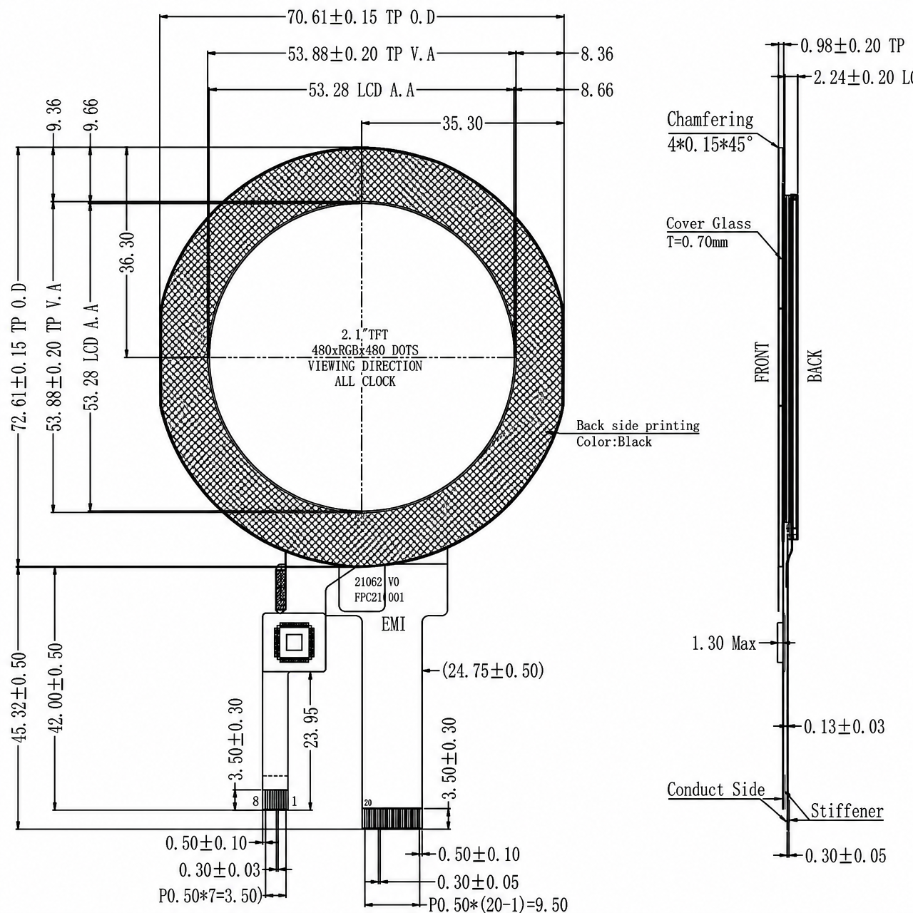 STK021WVFID002-C001A 2.1 дюйм 480x480 ST7701S MIPI интерфейс round TFT LCD with capacitive touch