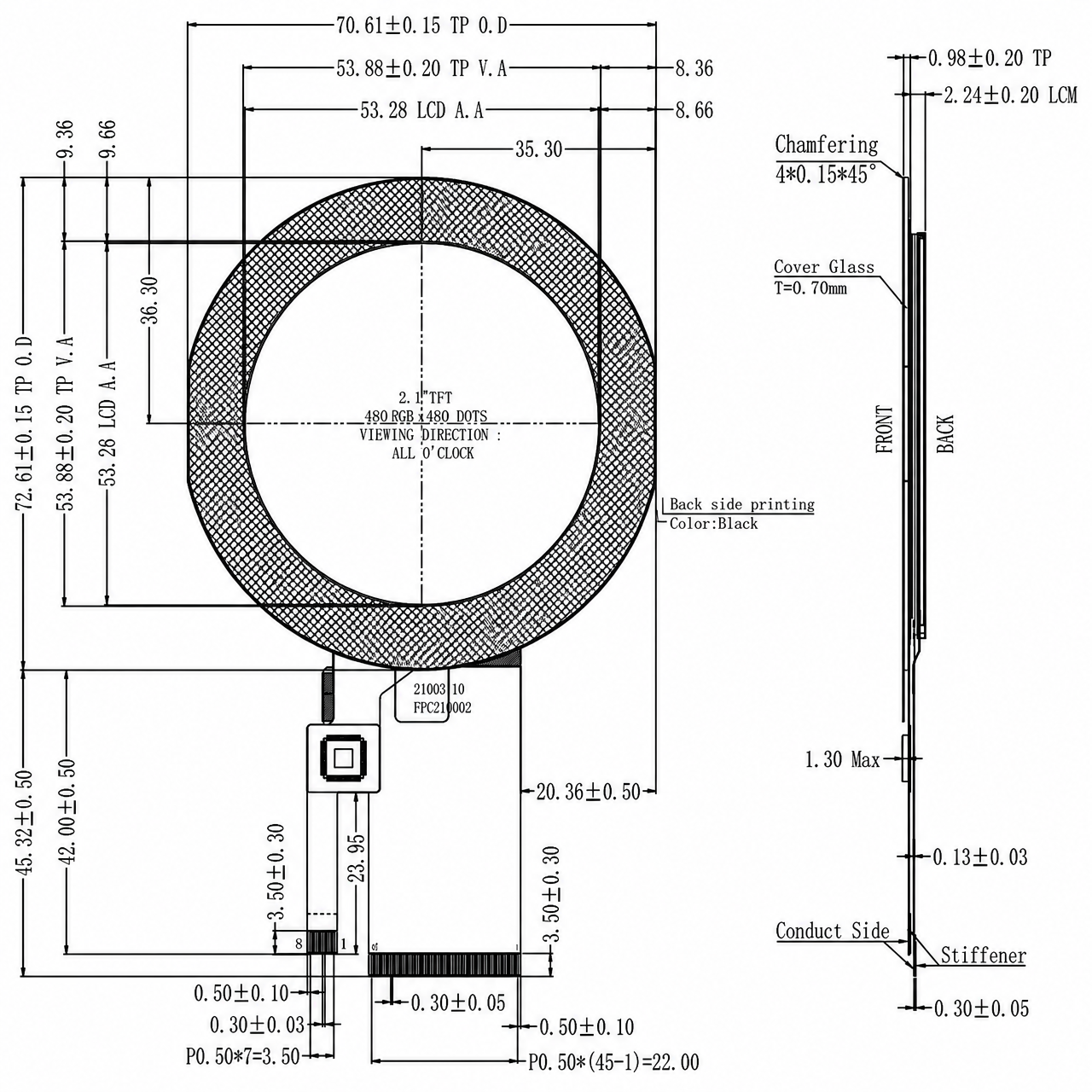 STK021WVFPD003-C001A 2.1 дюйм 480x480 ST7701S SPI+16/18/24 RGB интерфейс TFT LCD with capacitive touch