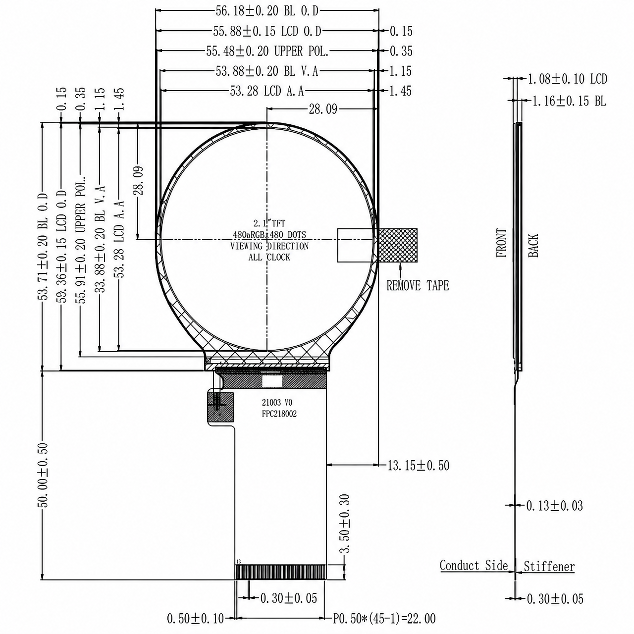 STK021WVFPD003 2.1 дюйм 480x480 ST7701S SPI+16/18/24 RGB интерфейс TFT LCD