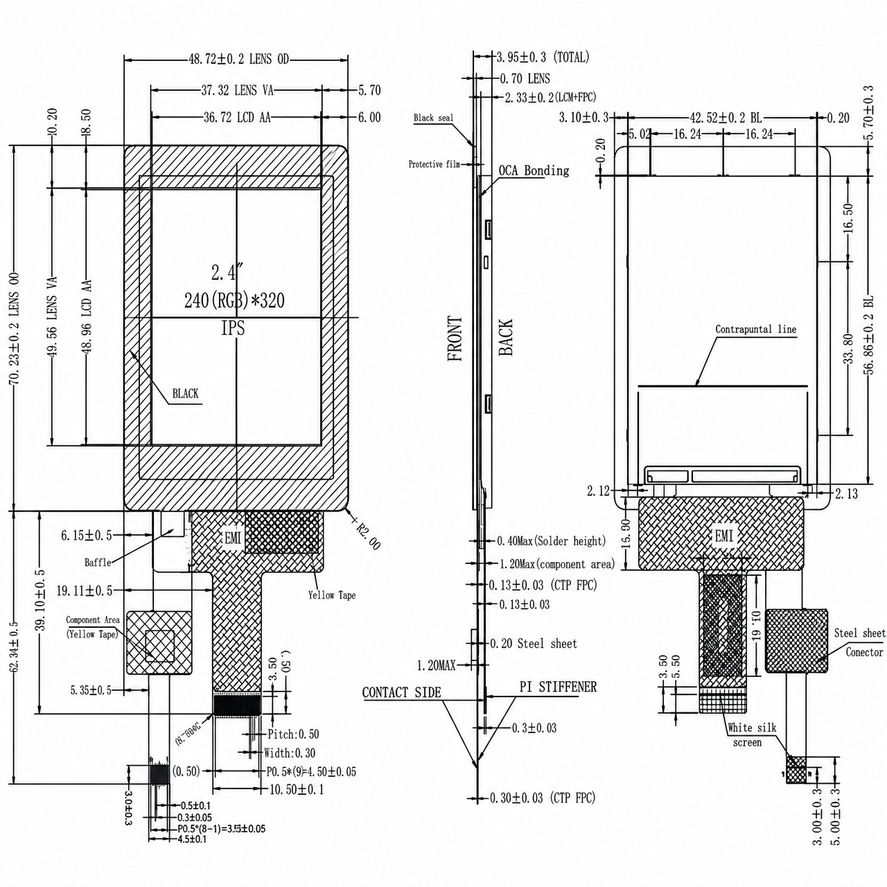 STK024QVFIA073-02-C021B 2.4 дюйм 240x320 JD9852 MIPI интерфейс IPS LCD module with capacitive touch panel