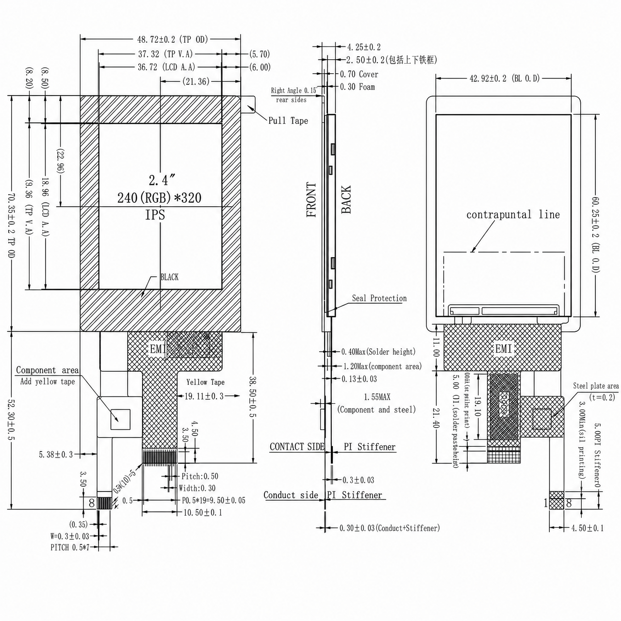 STK024QVFIA073-C021A 2.4 дюйм 240x320 JD9852 MIPI интерфейс IPS LCD module with build-in capacitive touch panel