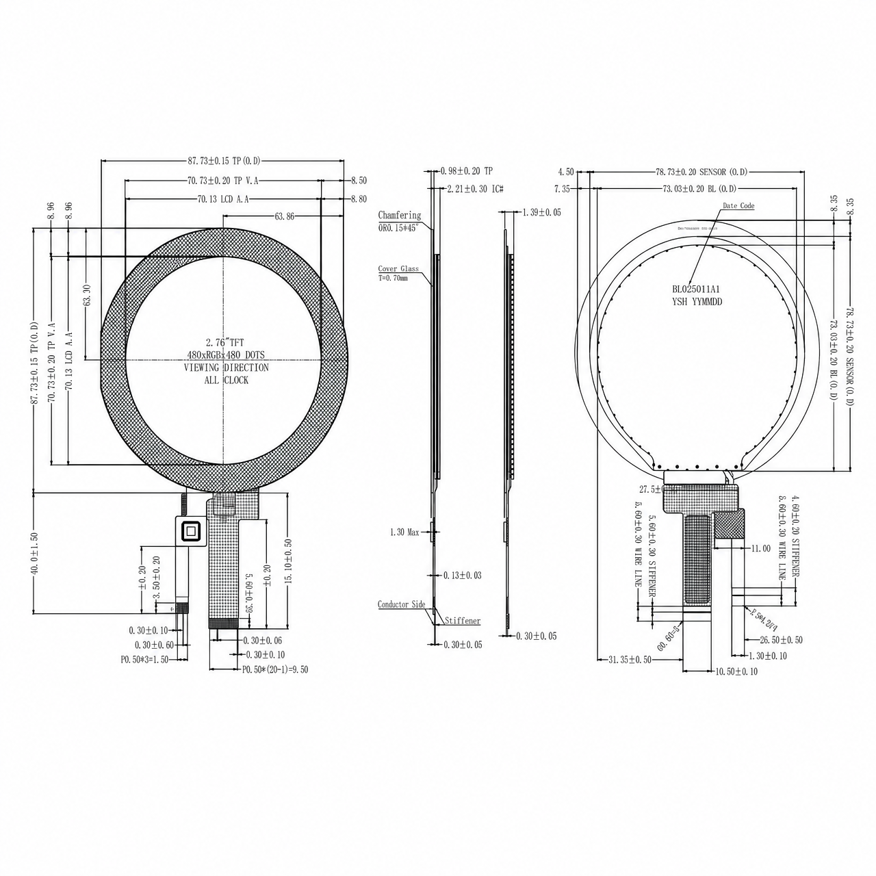 STK028WXFID056-C040A 2.8 дюйм 480x480 ST7701S драйвер MIPI интерфейс Round TFT LCD module with CTP