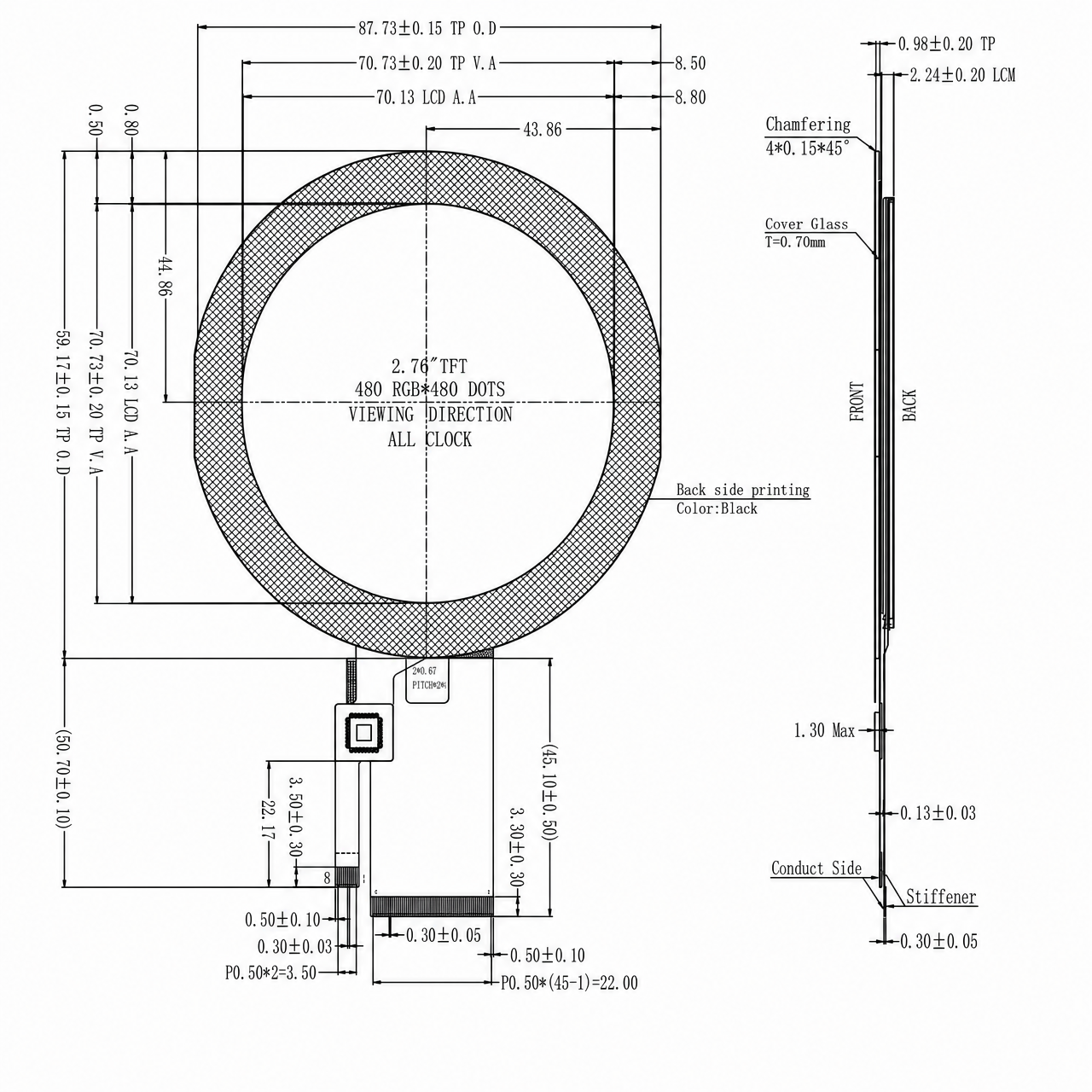 STK028WXFPD057-C040A 2.8 дюйм 480x480 ST7701S драйвер Round TFT LCD module with SPI+RGB интерфейс with CTP