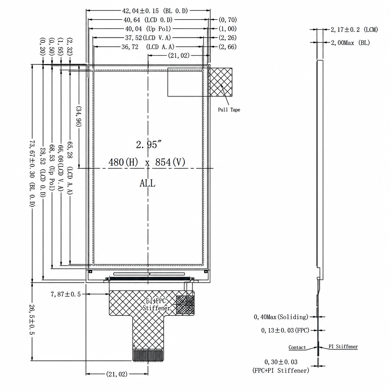 STK030FWFIN021A 3.0 дюйм MIPI интерфейс 480x854 ST7701S IC Wide Temp TFT