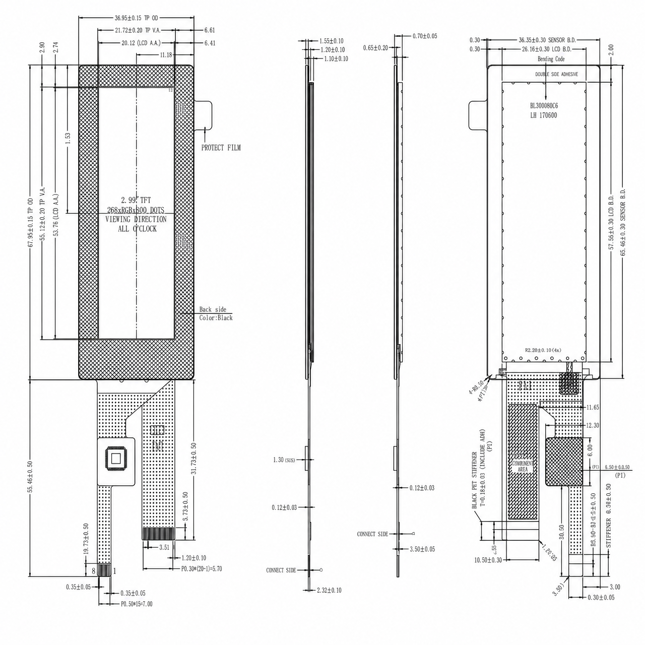 STK030WVFID029-C028A 3.0 дюйм 2 Lane MIPI интерфейс ST7701 IPS Bartype TFT with CTP