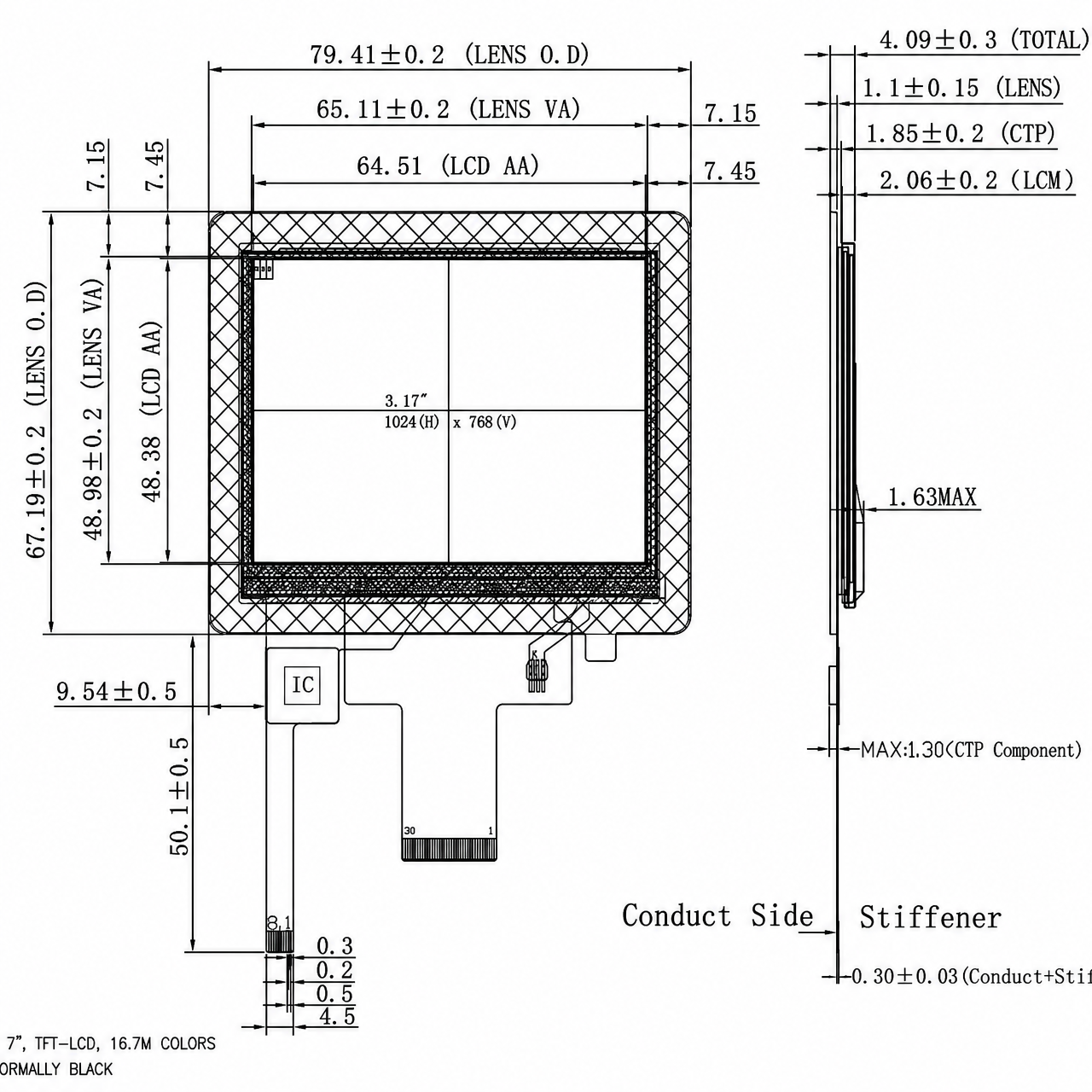 STK032HDFID037-C009A 3.17 дюйм 1024x768 TFT LCD Module MIPI интерфейс High Contrast with Capacitive Touch Industrial Medical