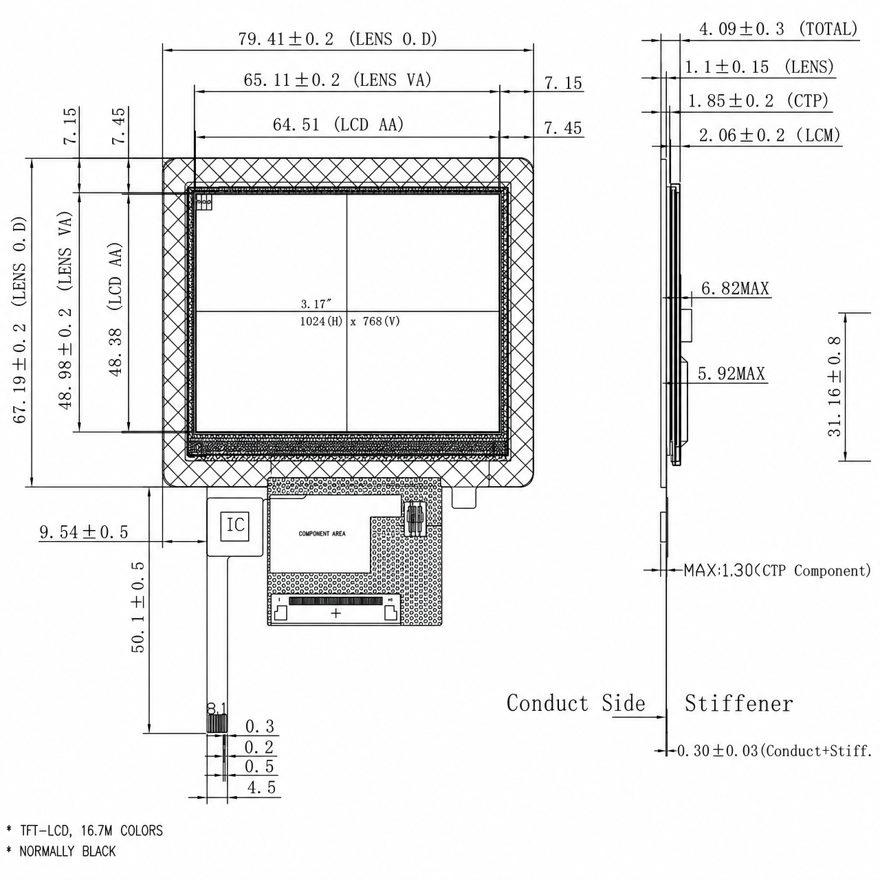 STK032HDFLD038-C009A 3.2 дюйм 1024x768 with Capacitive touch TFT LCD Module LVDS интерфейс High contrast Industrial Medical