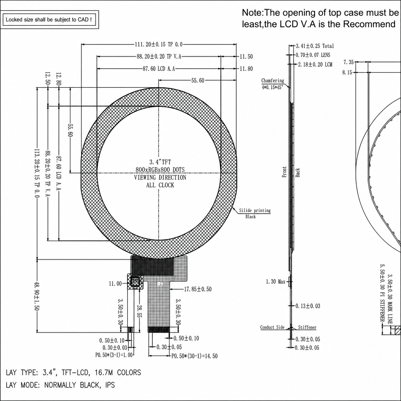STK034WVFID003-C008A 3.4 дюйм Round 800x800 High contrast MIPI интерфейс with capacitive touch TFT LCD Module Industrial