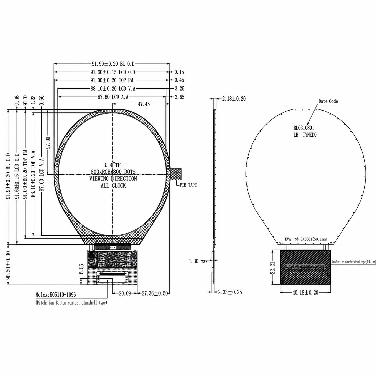 STK034WVFLD004 3.4 дюйм LVDS интерфейс high contrast IPS Industrial Round LCD