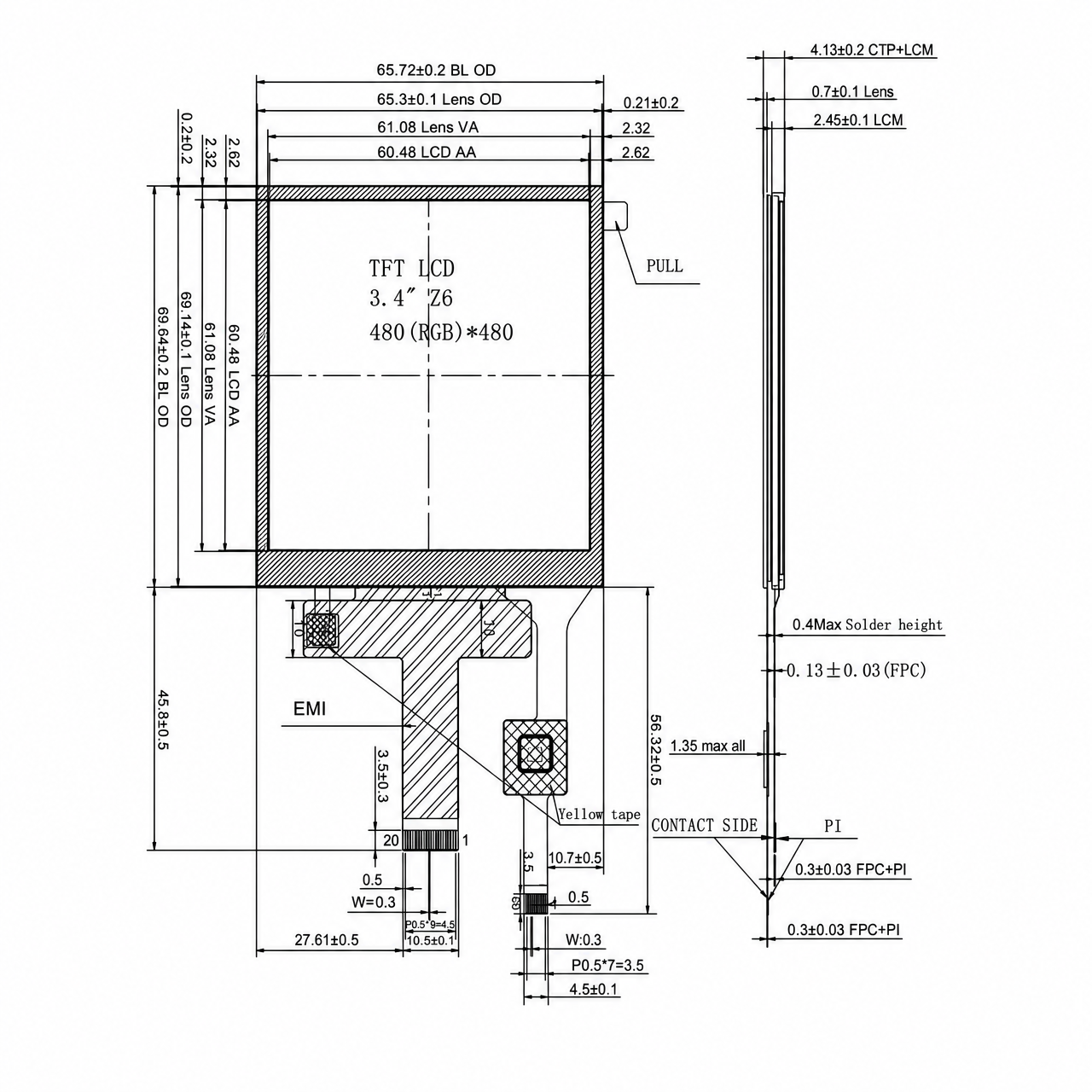 STK034WXFID001-C001A 3.4 дюйм 2-lane MIPI интерфейс High-brightness Industrial LCD display module with CTP