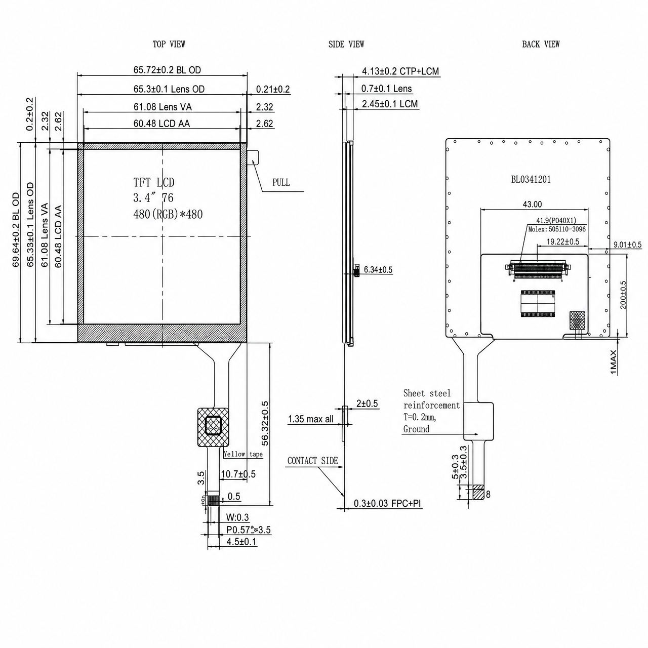 STK034WXFLD005-C001A 3.4 дюйм LVDS интерфейс High-brightness IPS sunlight readable Industrial Square LCD with CTP