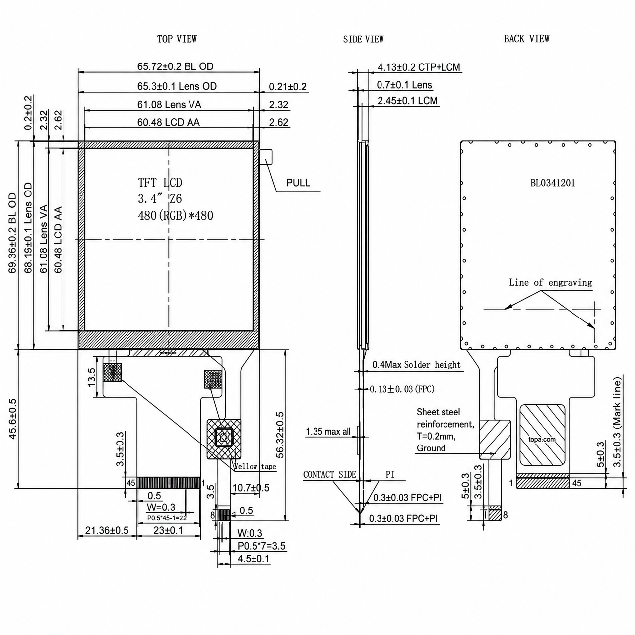 STK034WXFPD002-C001A 3.4 дюйм SPI/RGB интерфейс High-brightness IPS sunlight readable Industrial Square LCD with CTP