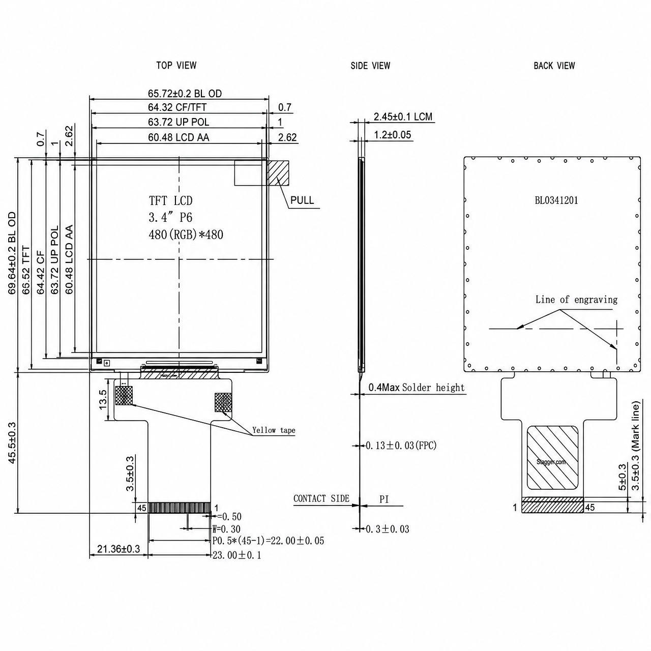 STK034WXFPD002 3.4 дюйм SPI/RGB интерфейс High-brightness IPS sunlight readable Industrial Square LCD