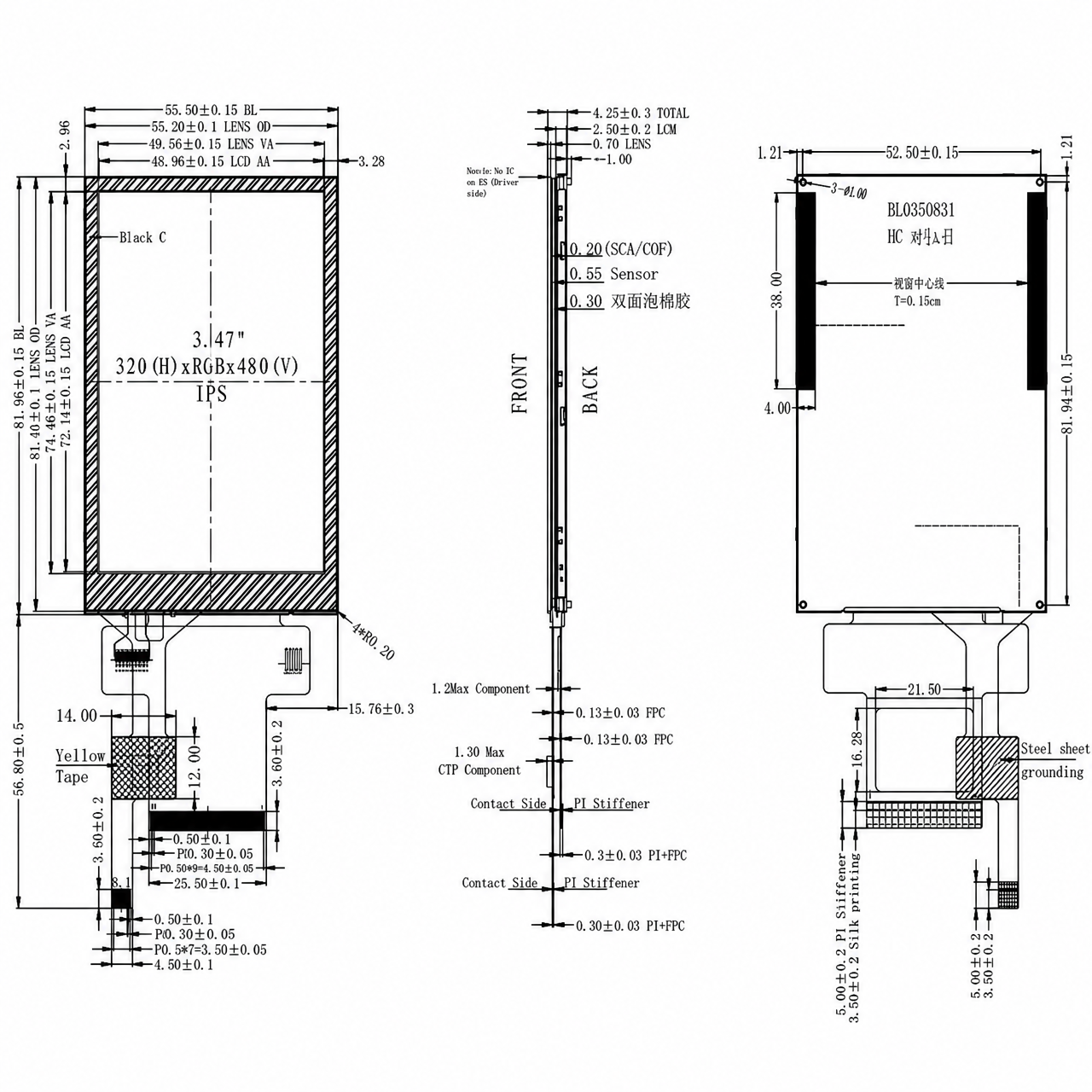 STK035HVFMA155-C055A 3.5 дюйм 320x480 ST7796SII VA LCD with capacitive touch panel