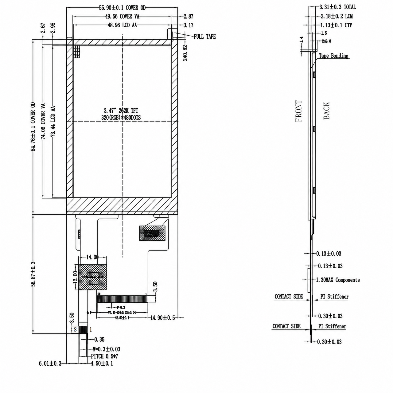 STK035HVFMD137-C009A 3.5 дюйм 320x480 ST7796S LCD with capacitive touch panel