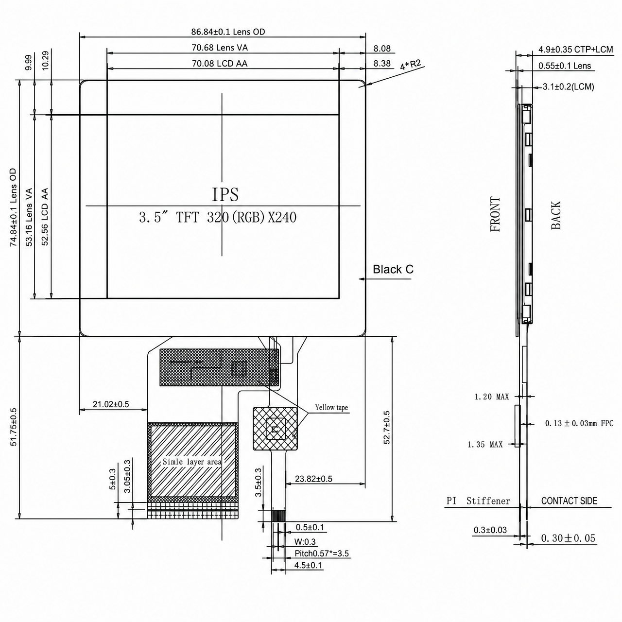 STK035LQFPA252-C037A 3.5 дюйм 320x240 ST7272A 16/18/24 BIT RGB интерфейс High Brightness TFT LCD Display Module with Capacitive Touch