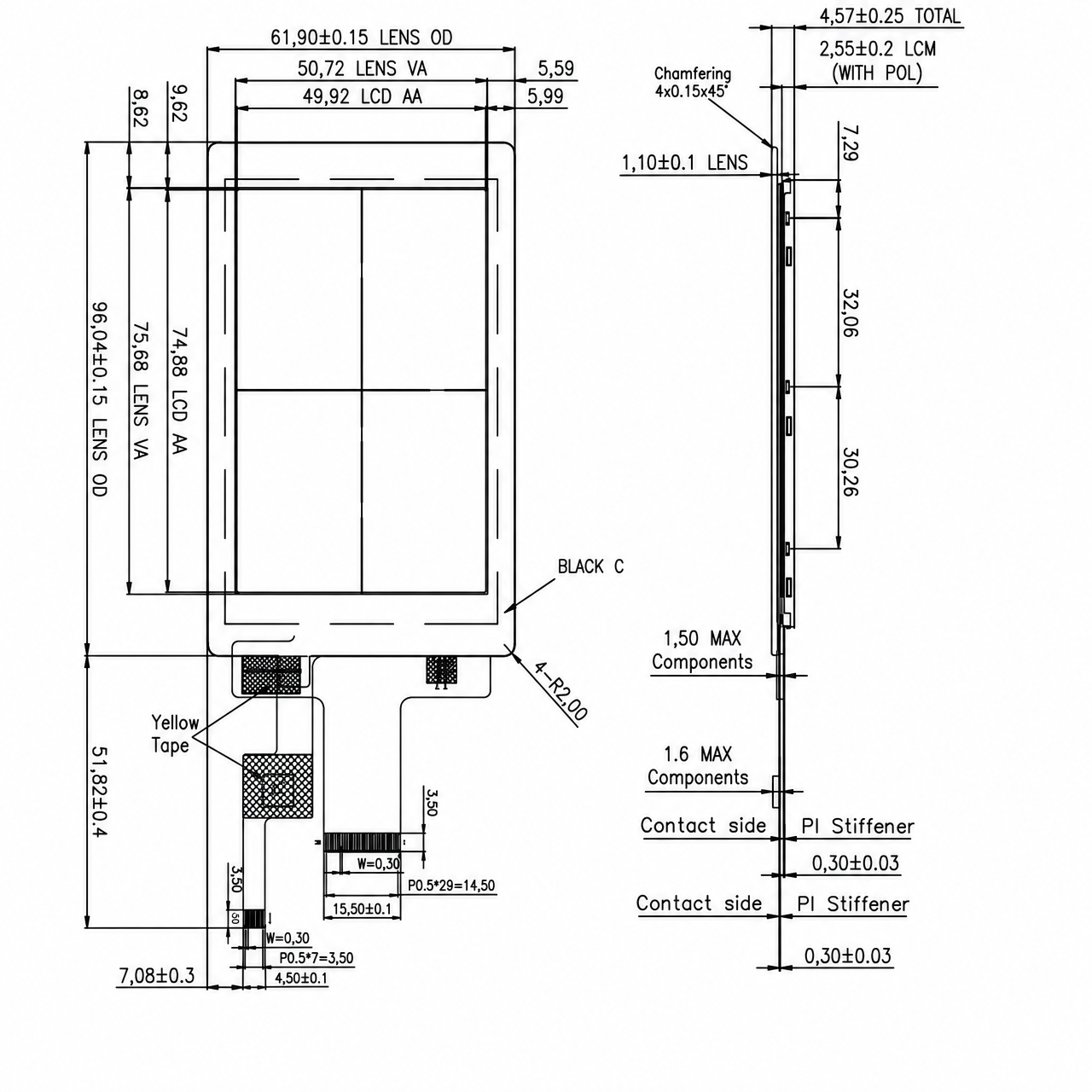 STK035QHFID161-C062B 3.5 дюйм 640x960 ST7703 MIPI интерфейс LCD with capacitive touch panel