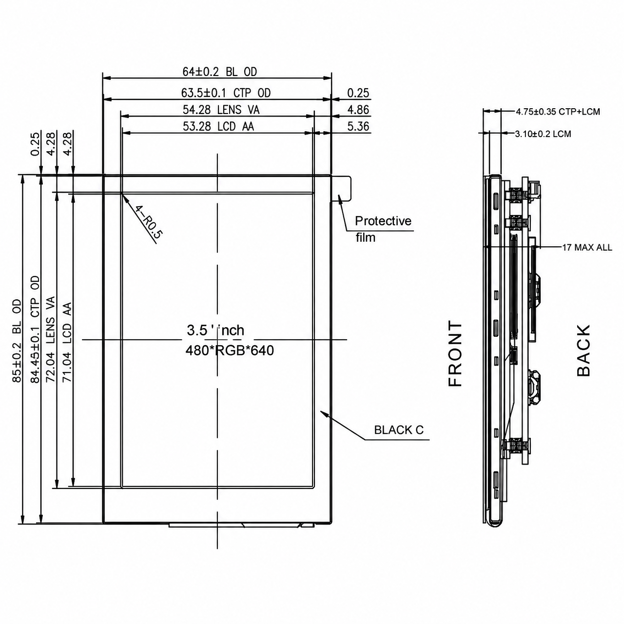 STK035VGFIA111-C041A-SP007A-TypeC 3.5inch 480x640 Portrait Display Type-C TFT LCD Display Tranmissive LCM with Full viewing angle LCD module