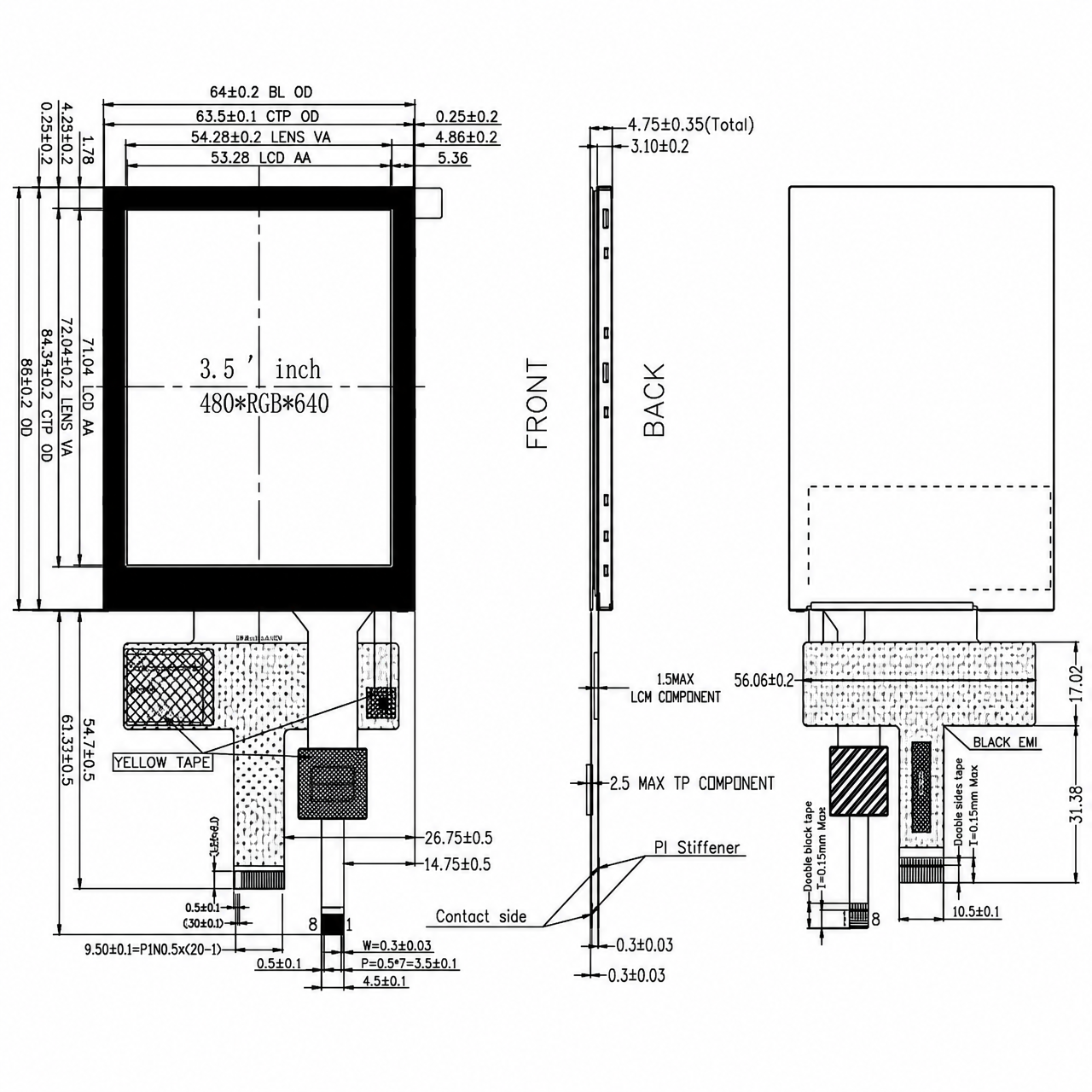 STK035VGFIA111A-01-C041A 3.5 дюйм 480x640 ILI9806E full viewing angle sunlight readable IPS LCD module with build-in capacitive touch panel
