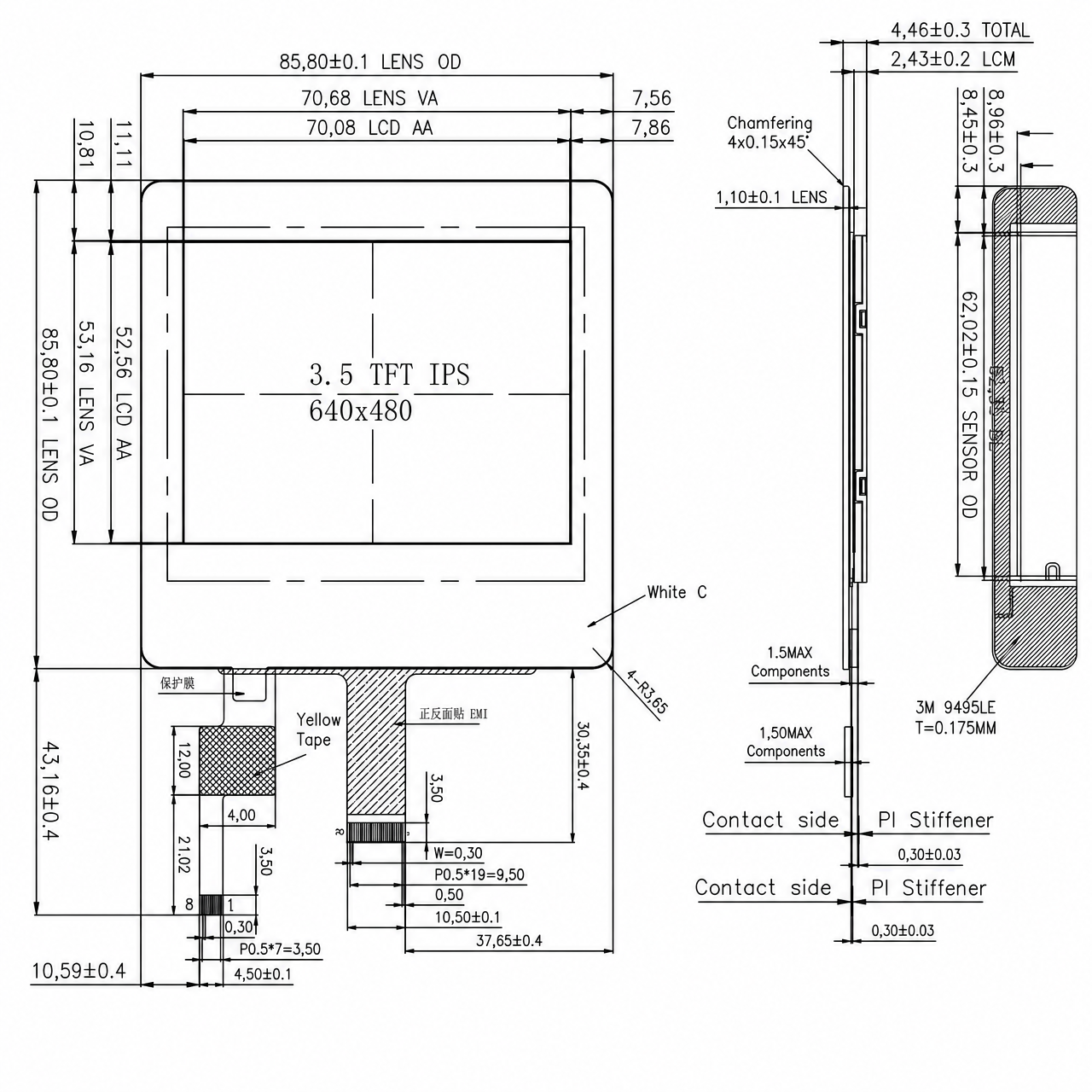 STK035VGFID162-C061B 3.5 дюйм 640x480 ST7703 MIPI интерфейс LCD with capacitive touch panel
