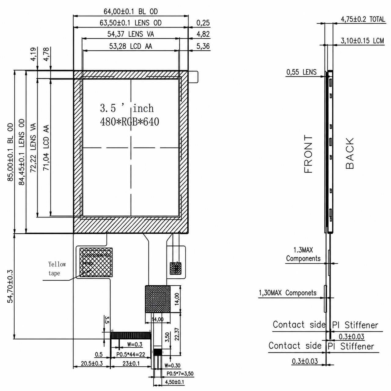 STK035VGFPA094-02-C041A 3.5 дюйм 480x640 ILI9806E VA LCD with capacitive touch panel