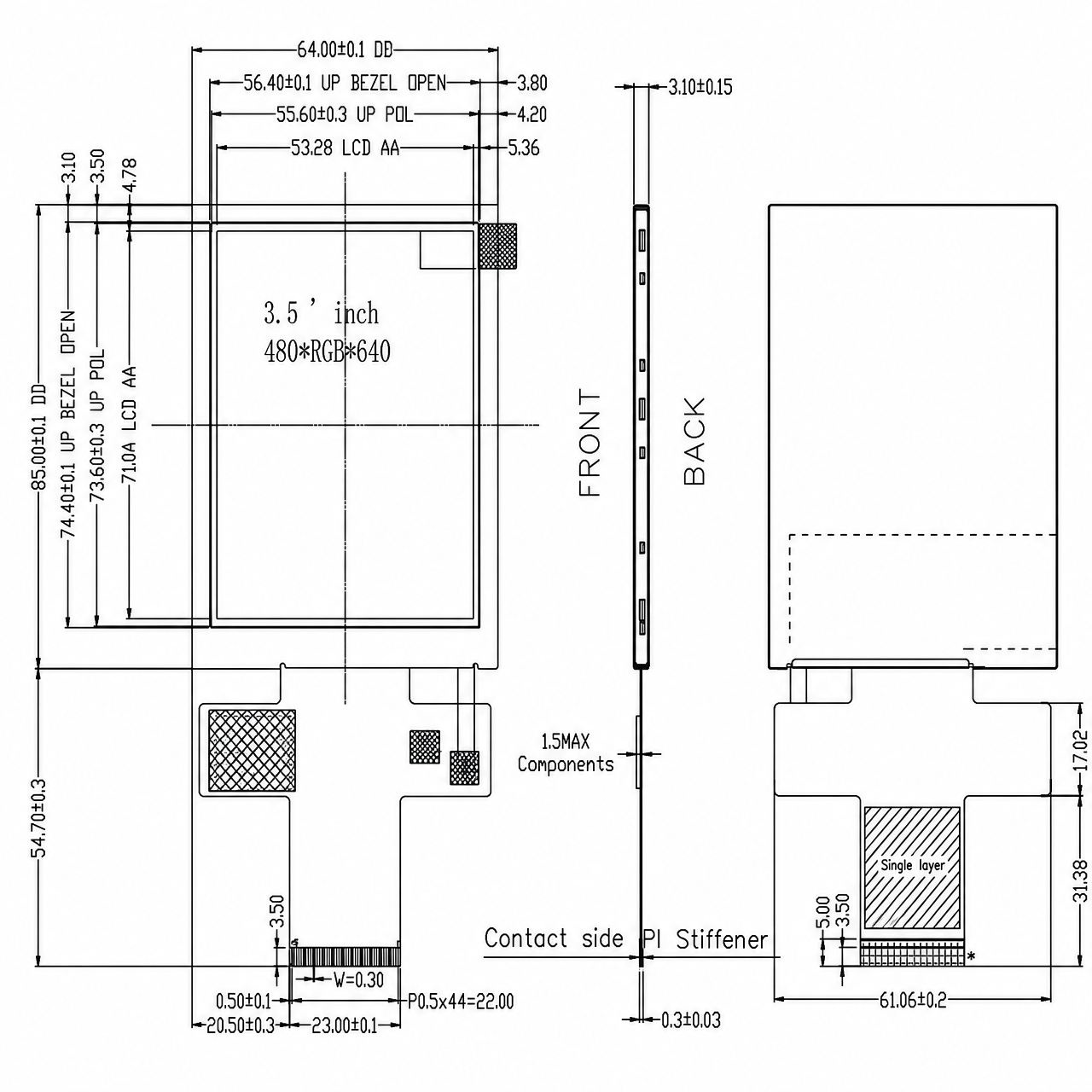 STK035VGFPA094-02 3.5 дюйм 480x640 ILI9806E sunlight readable LCD 3SPI+16/18/24BIT RGB IPS LCD module
