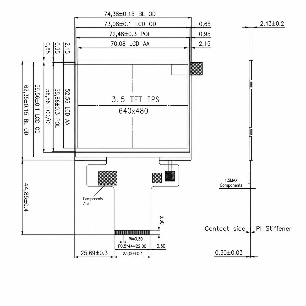 STK035VGFPD158 3.5 дюйм 640x480 NV3052CGRB TFT LCD Display 3SPI+16/18/24BIT RGB интерфейс LCD module
