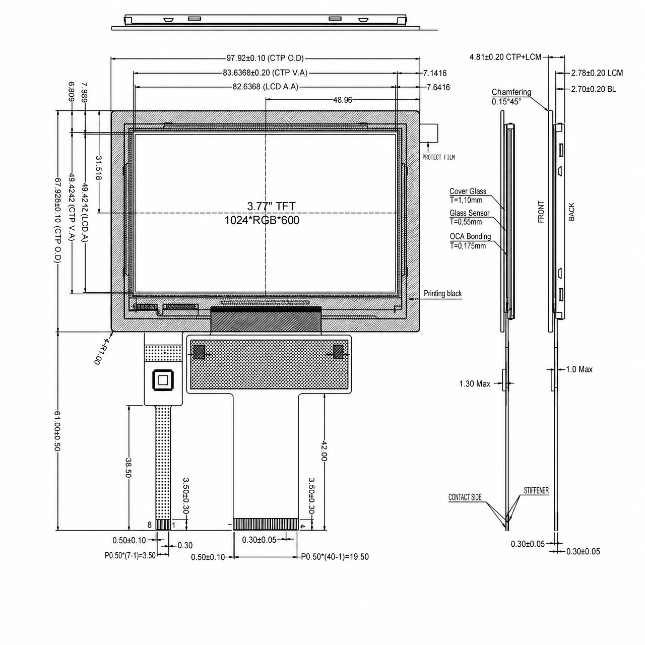 STK038HDFPD002-C001A 3.8 дюйм 1024x600 JD9168 RGB интерфейс high brightness TFT LCD with built-in capacitive touch panel