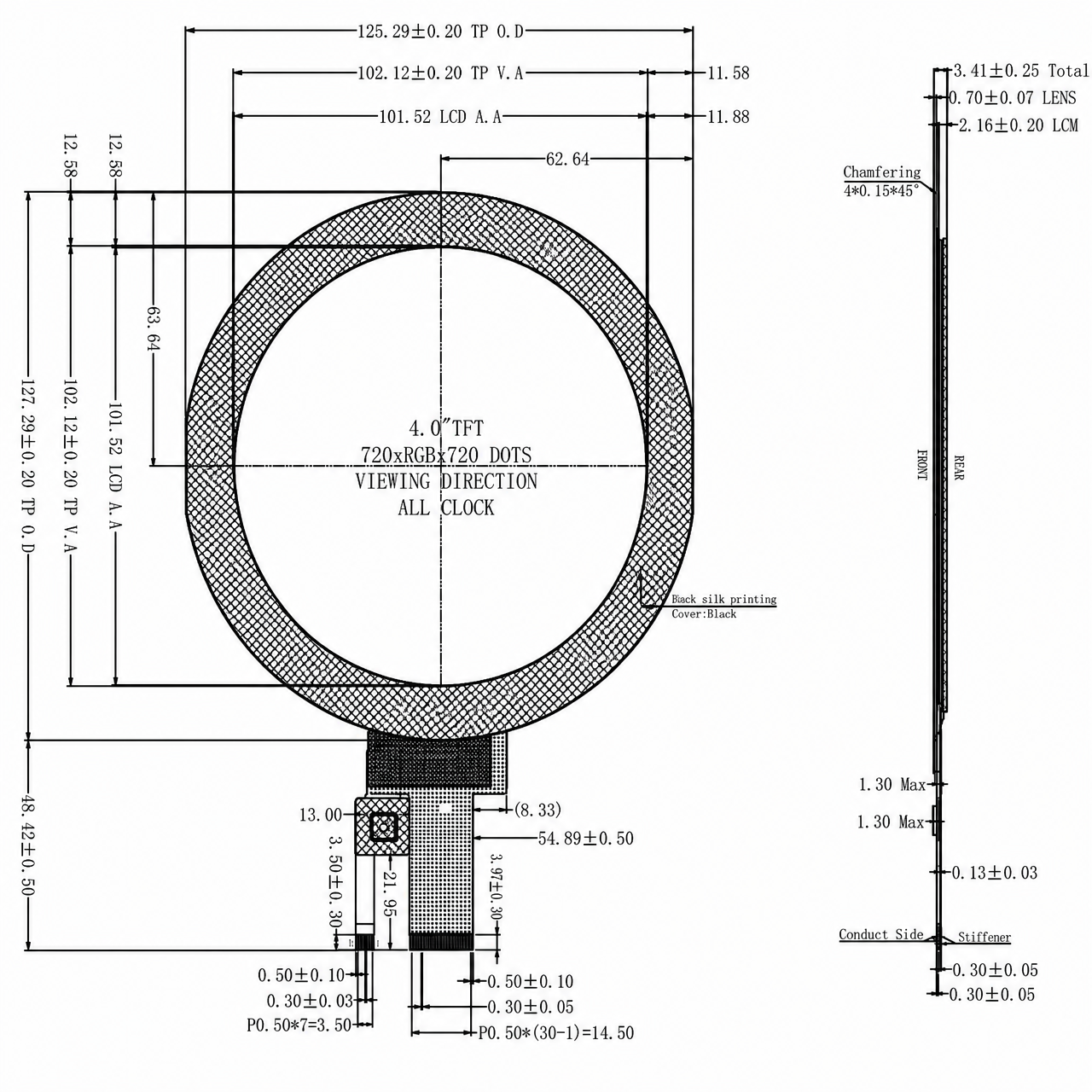 STK040HDFID088-C054A 4.0 дюйм 720x720 Round IPS LCD MIPI интерфейс ILI9881C high brightness with capacitive touch panel