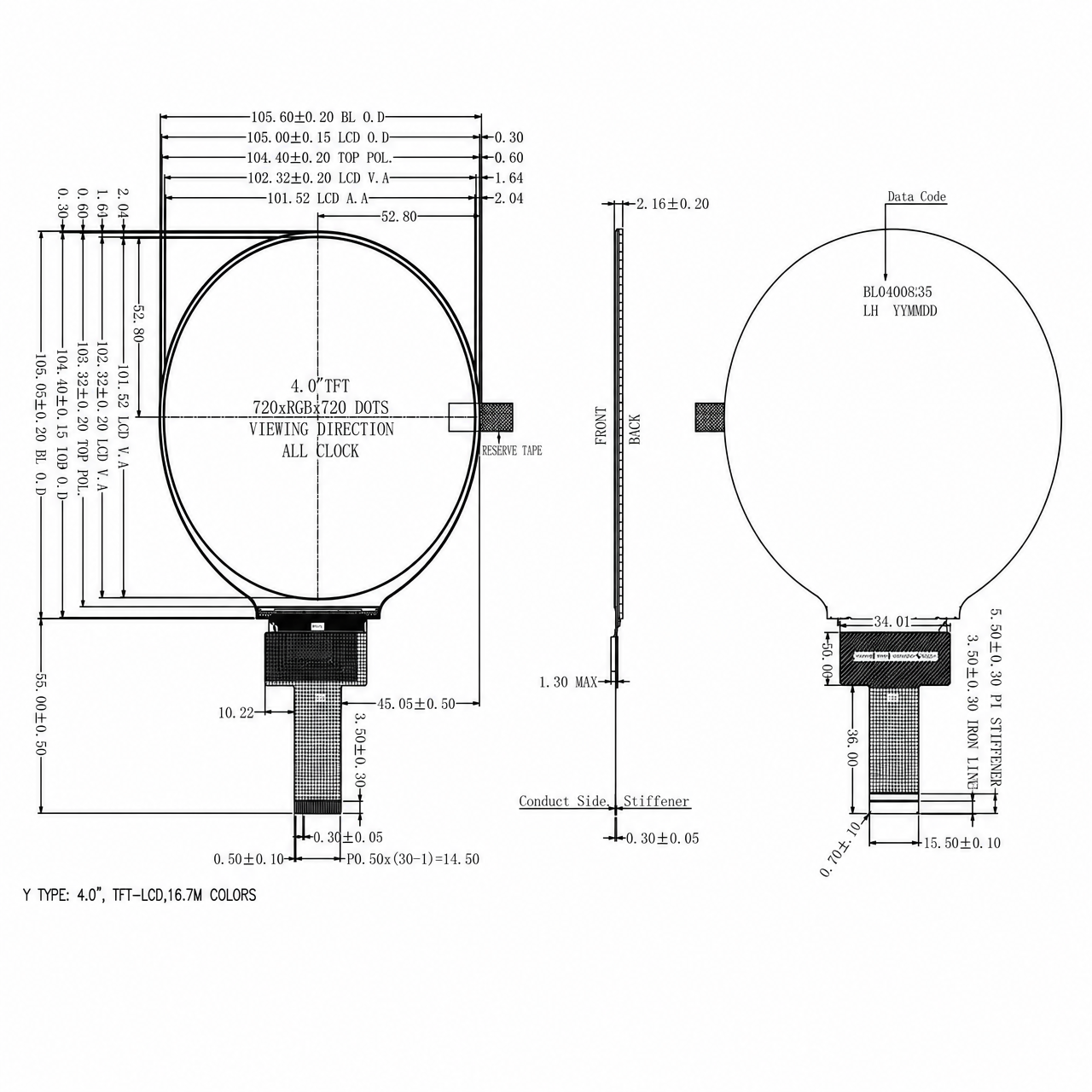 STK040HDFID088 4.0 дюйм 720x720 round TFT LCD ILI9881C 2/3/4 Lane MIPI интерфейс high brightness IPS LCD module