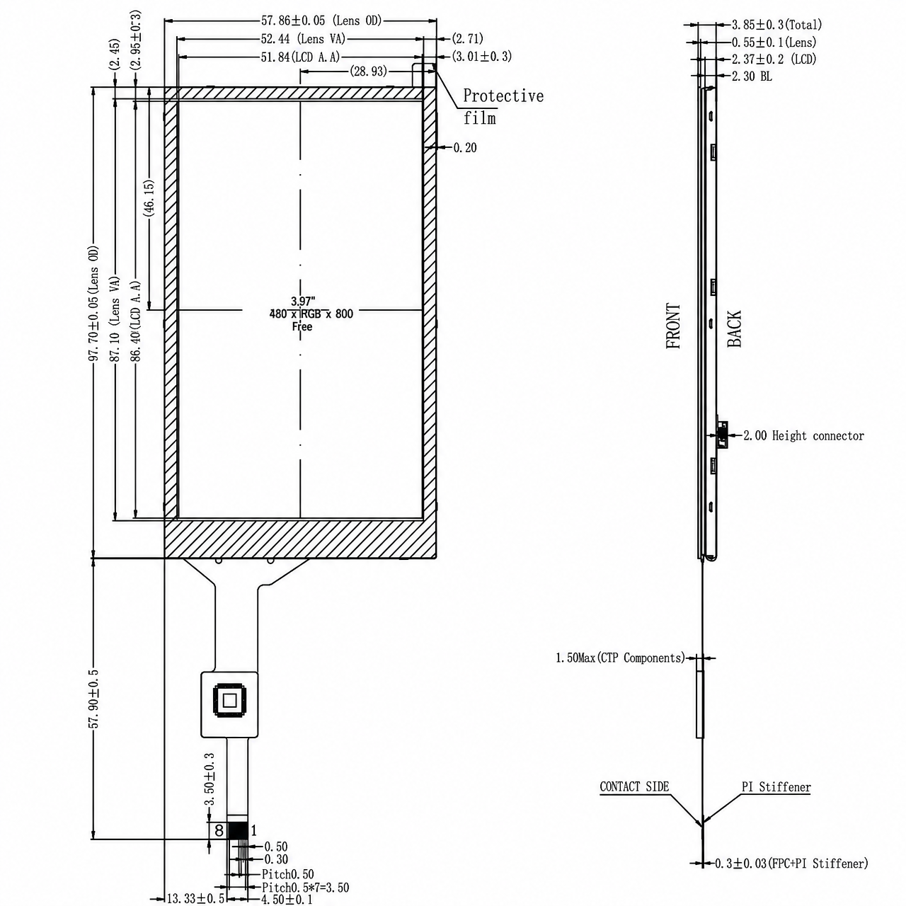 STK040WVFLD070-C008B 4.0 дюйм IPS TFT LCD 480x800 ST7701S full viewing angle with LVDS интерфейс capacitive touch display