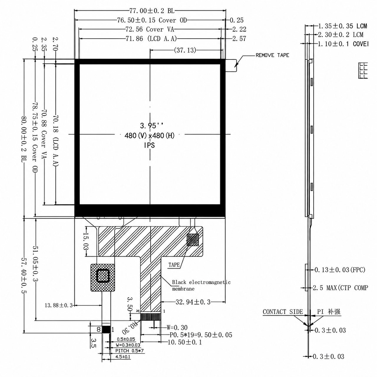 STK040WXFID017-C015A 4.0 дюйм 480x480 ST7701S MIPI интерфейс square TFT full viewing angle high brightness IPS LCD capacitive touch panel