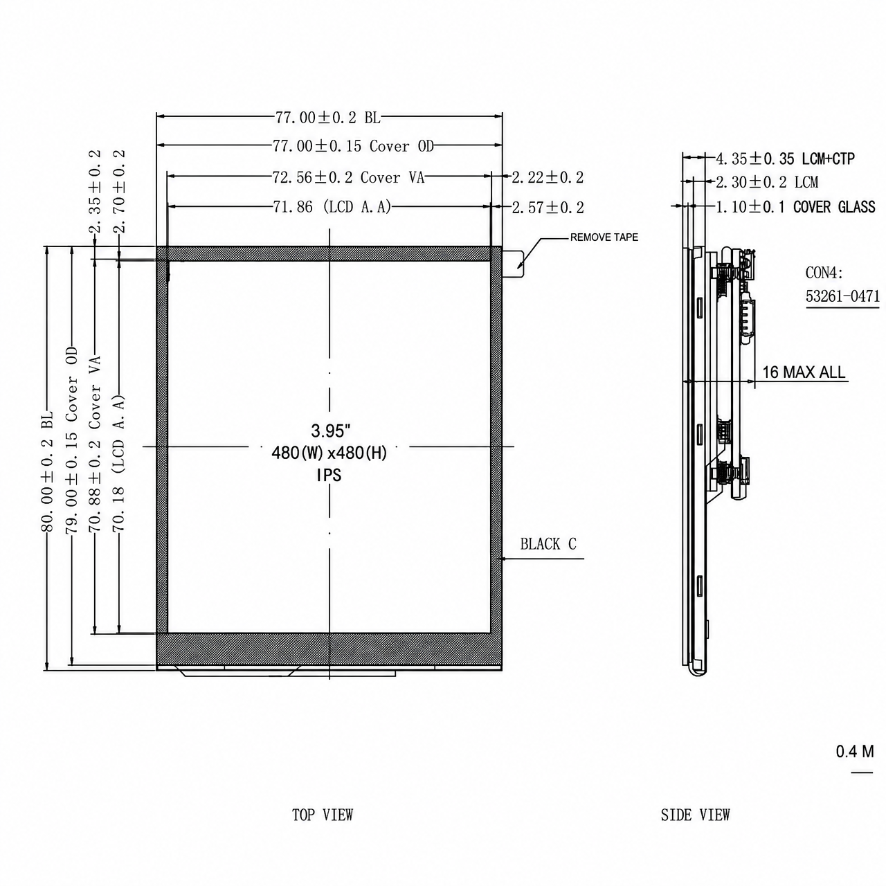 STK040WXFID017-C015C-SP002A-TypeC 4.0 дюйм IPS 480x480 ST7701S Type-C интерфейс square TFT LCD with capacitive touch panel
