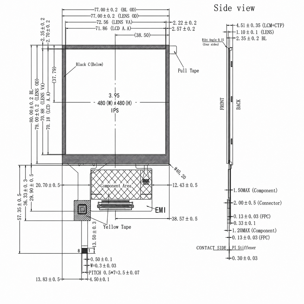 STK040WXFLD071-C015C 4.0 дюйм IPS TFT LCD 480x480 ST7701S LVDS интерфейс display wide temperature high brightness capacitive touch display