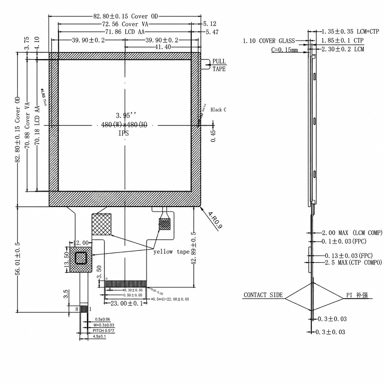STK040WXFPD014-C046B 4.0 дюйм 480x480 IPS Square LCD RGB интерфейс high brightness sunlight readable wide temperature display with capacitive touch panel