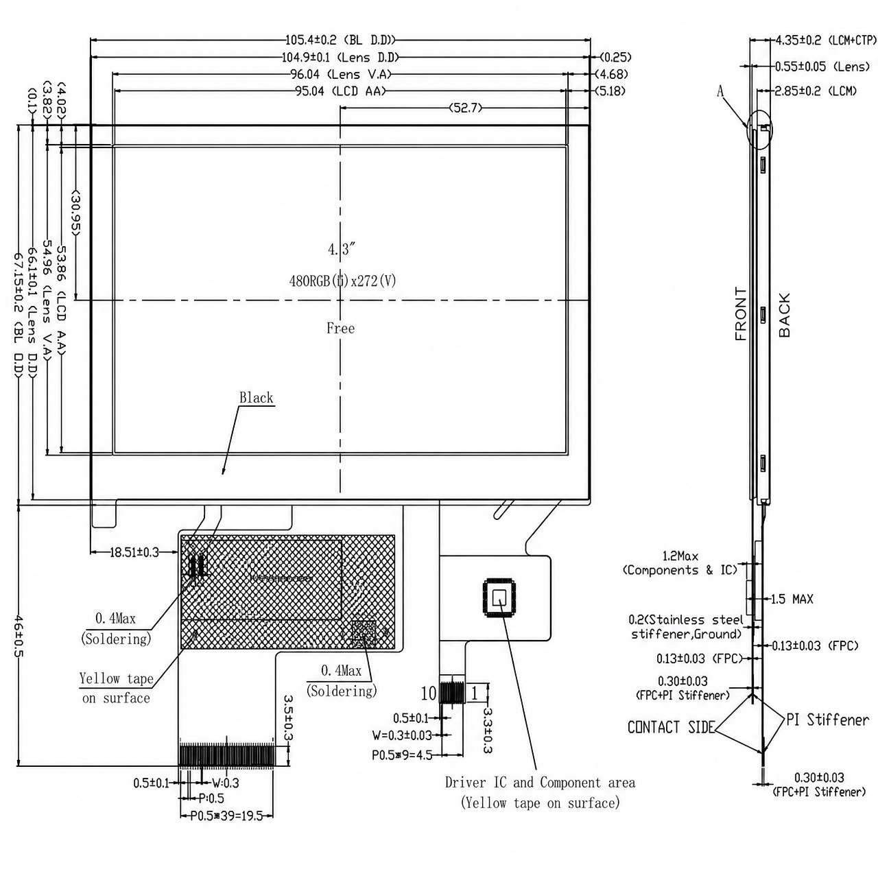 STK043WQFMD134-01-C037A 4.3 дюйм 480x272 MCU интерфейс High Brightness Wide Temperature IPS TFT LCD with Capacitive Touch