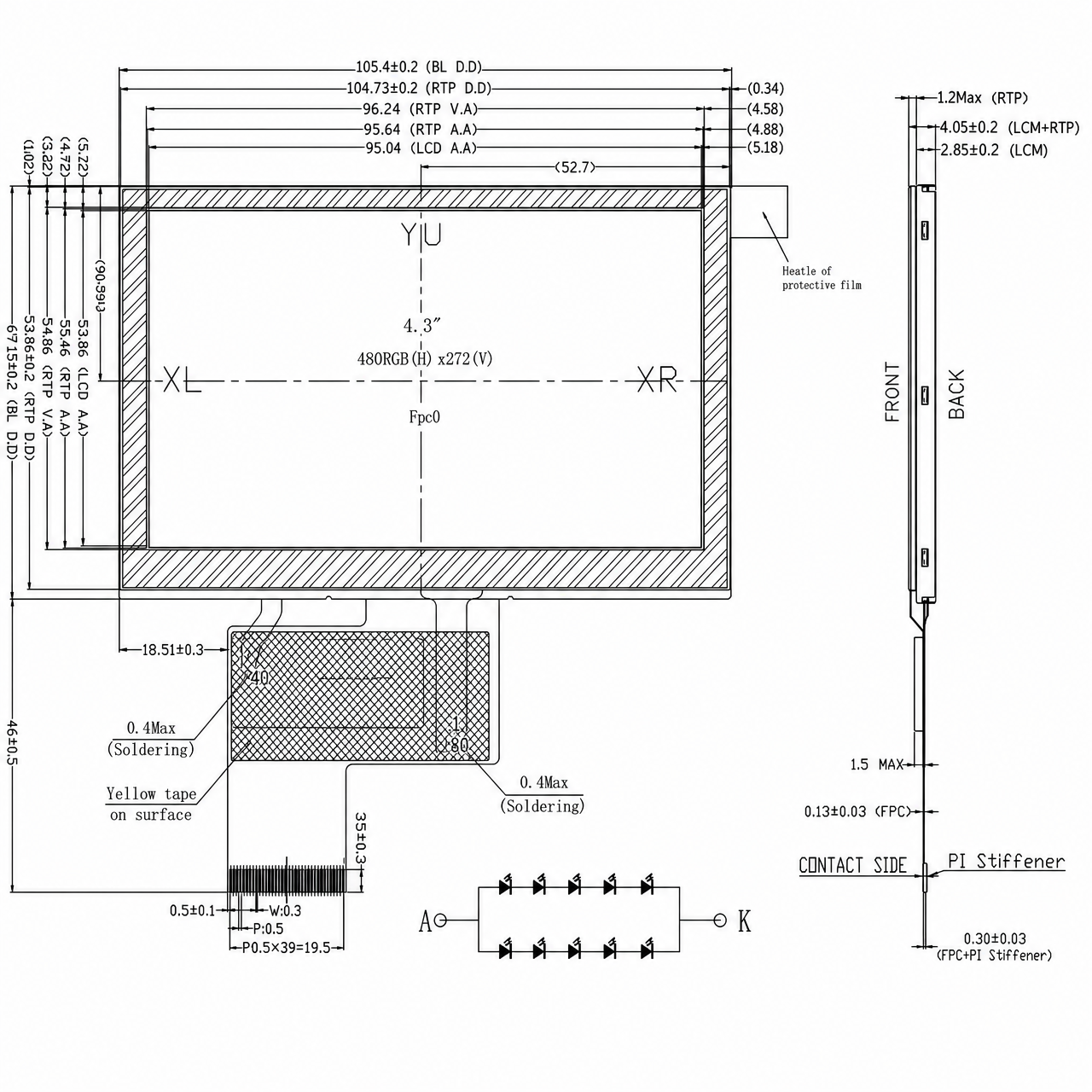 STK043WQFPA124-01-RT 4.3 дюйм 480x272 ST7283 RGB интерфейс Wide Temperature IPS TFT LCD with Resistive Touch Panel
