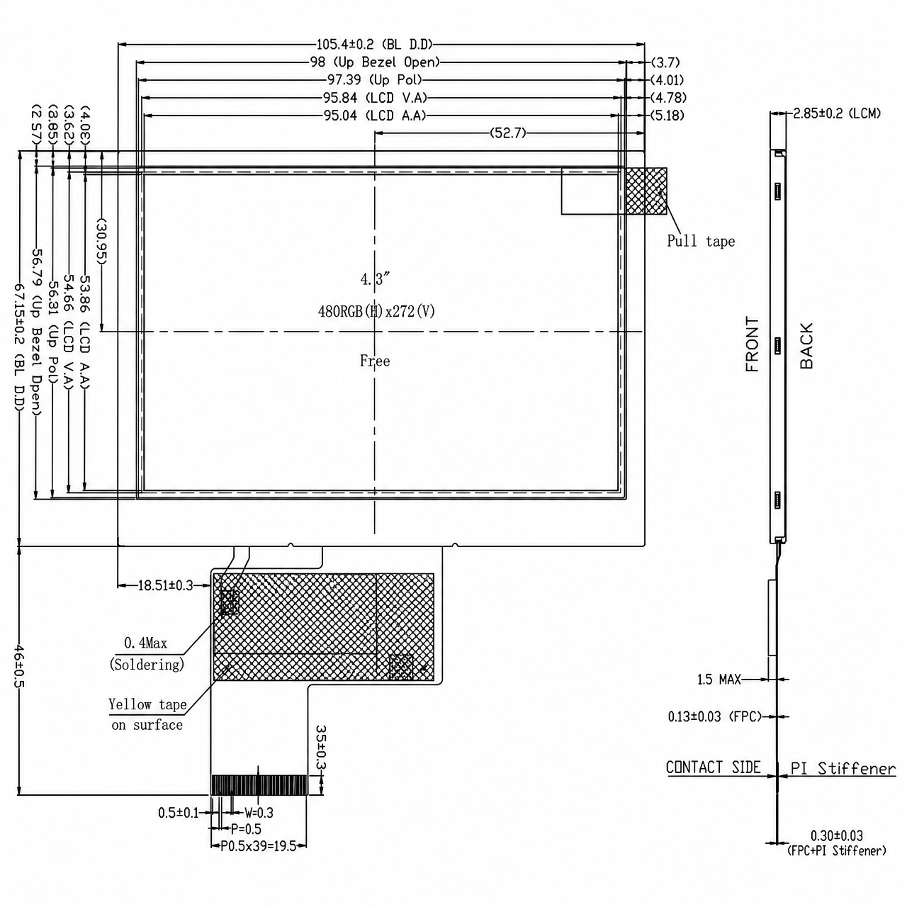STK043WQFPA137 4.3 дюйм 480x272 RGB интерфейс ILI6485 wide temperature IPS TFT LCD Module