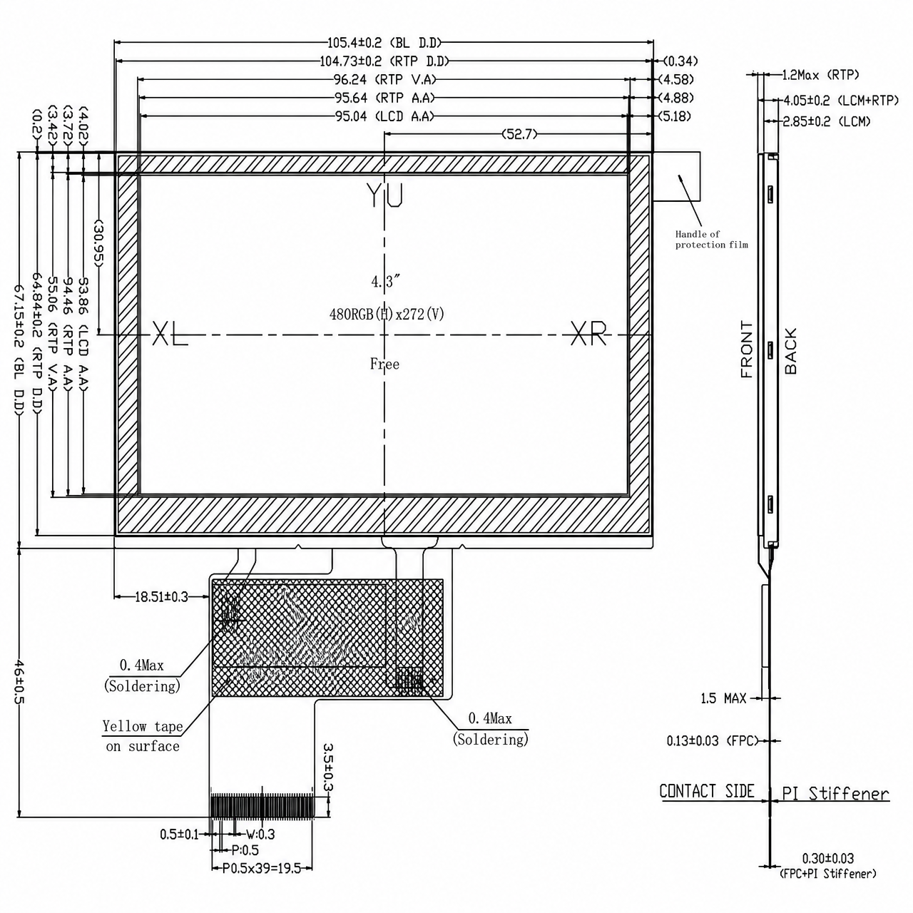 STK043WQFPA142-01-RT 4.3 дюйм 480x272 Wide Temperature IPS TFT LCD with ST7282A 24 bit RGB интерфейс resistive touch panel