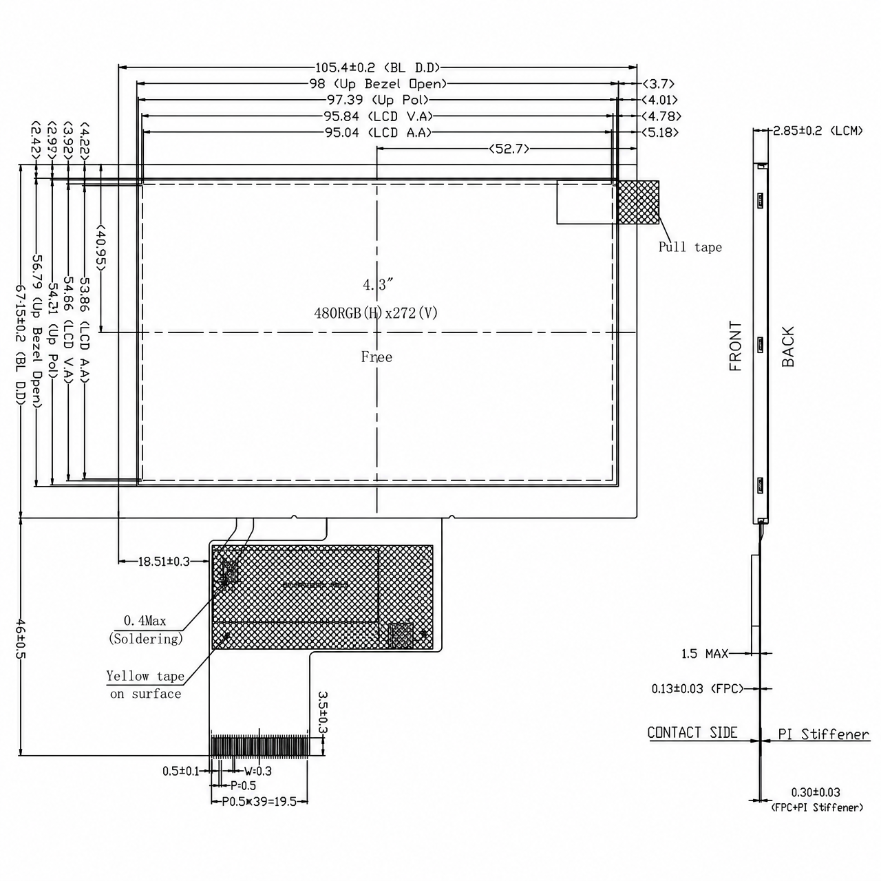 STK043WQFPA142 4.3 дюйм 480x272 ST7282A RGB интерфейс wide temperature IPS TFT LCD
