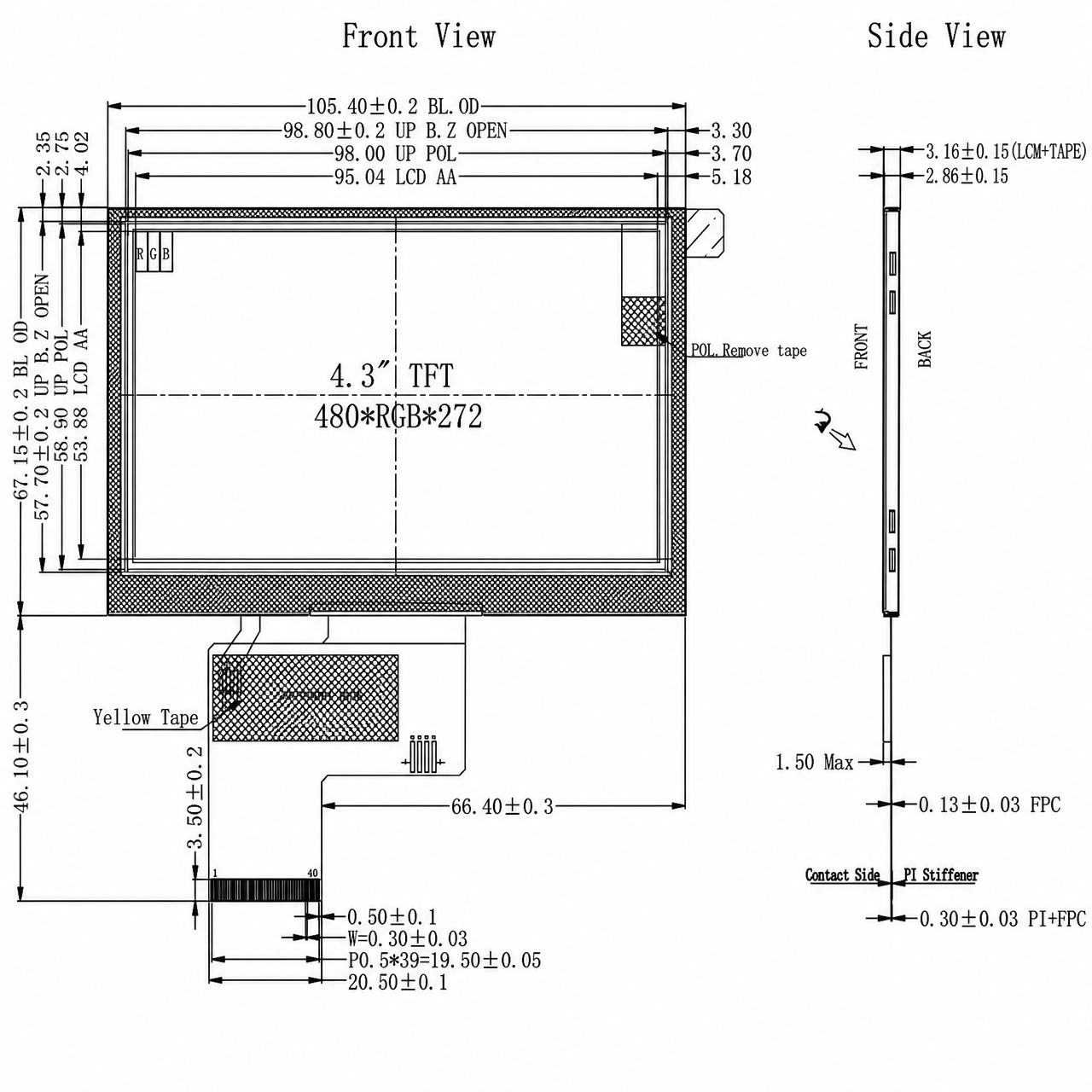 STK043WQTPA097B 4.3 дюйм TN 480x272 ST7282A RGB интерфейс Industrial TFT LCD Part No.: STK043WQTPA097B