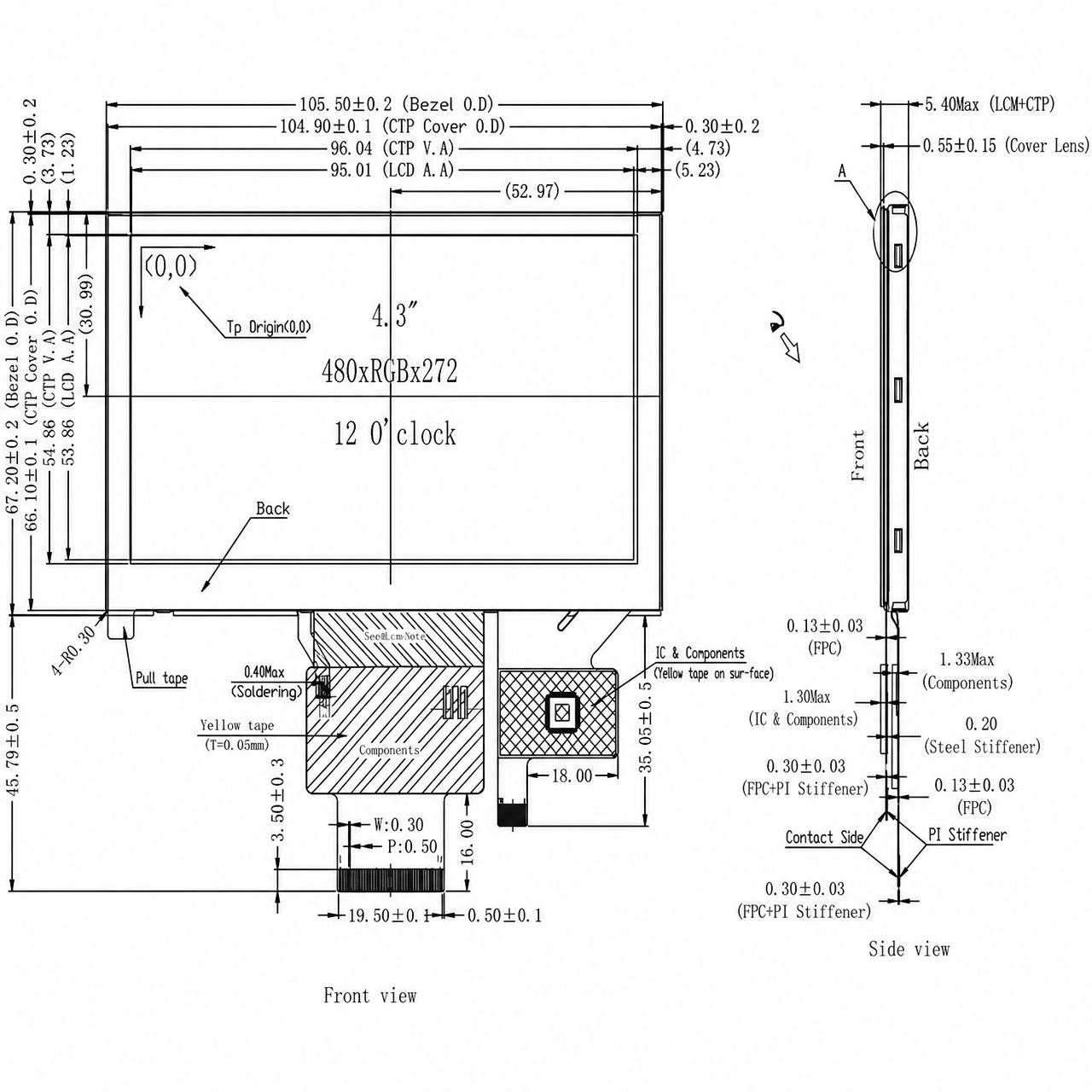 STK043WQTPA115-01-C090A 4.3 дюйм TN 480x272 RGB интерфейс ST7282 Industrial TFT LCD Module with Capacitive Touch