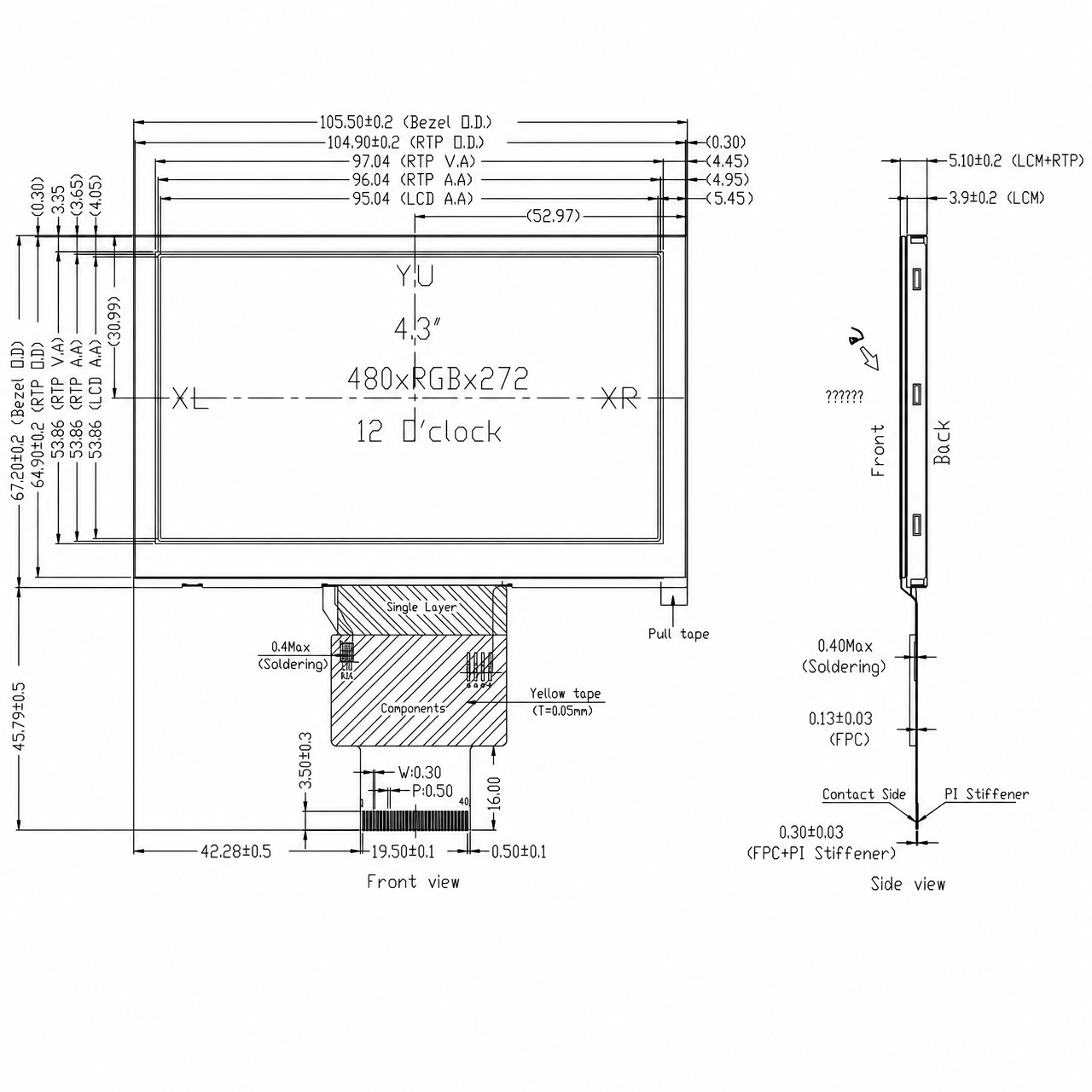 STK043WQTPA115-01-RT 4.3 дюйм 480x272 Wide Temperature RGB интерфейс ST7282 Medical TFT LCD Module with Resistive Touch